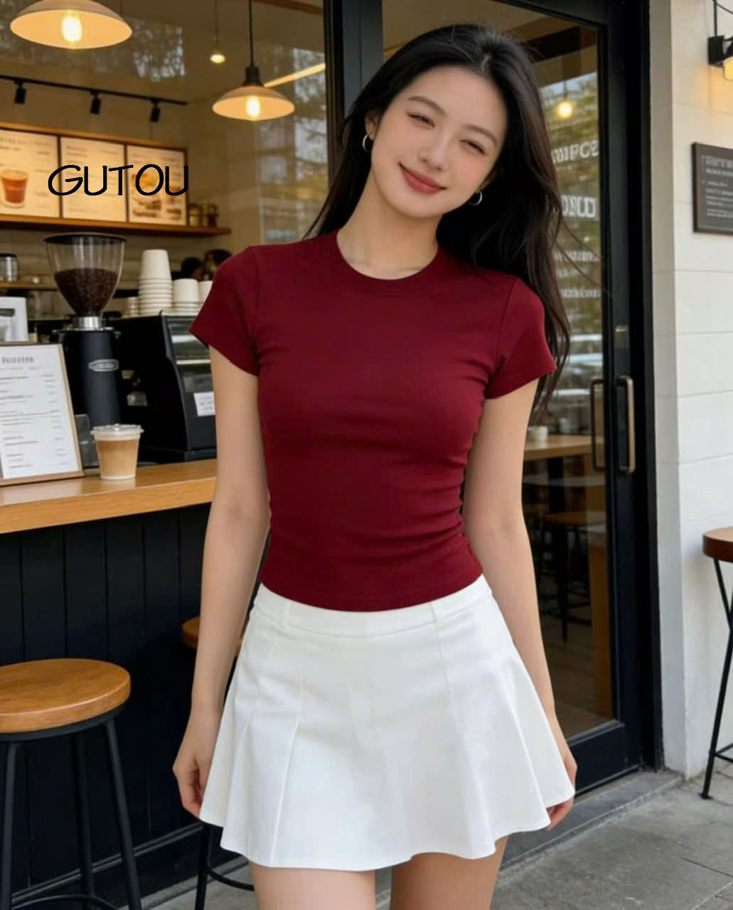 [ GUTOU ] Áo Thun Ôm Body Cổ Tròn Tay Ngắn Basic