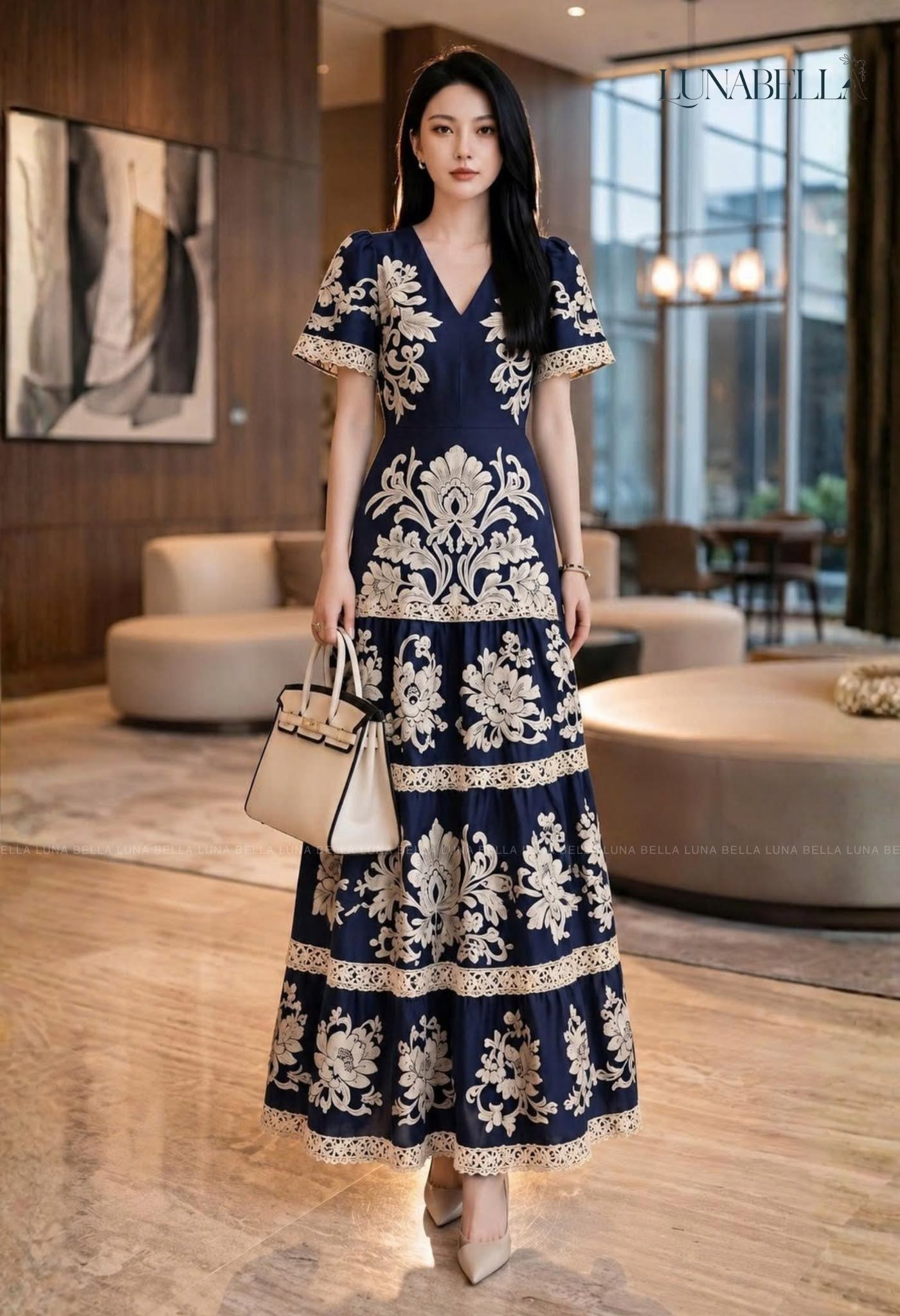 Váy maxi dài hoạ tiết baroque CAIVA màu XANH THAN