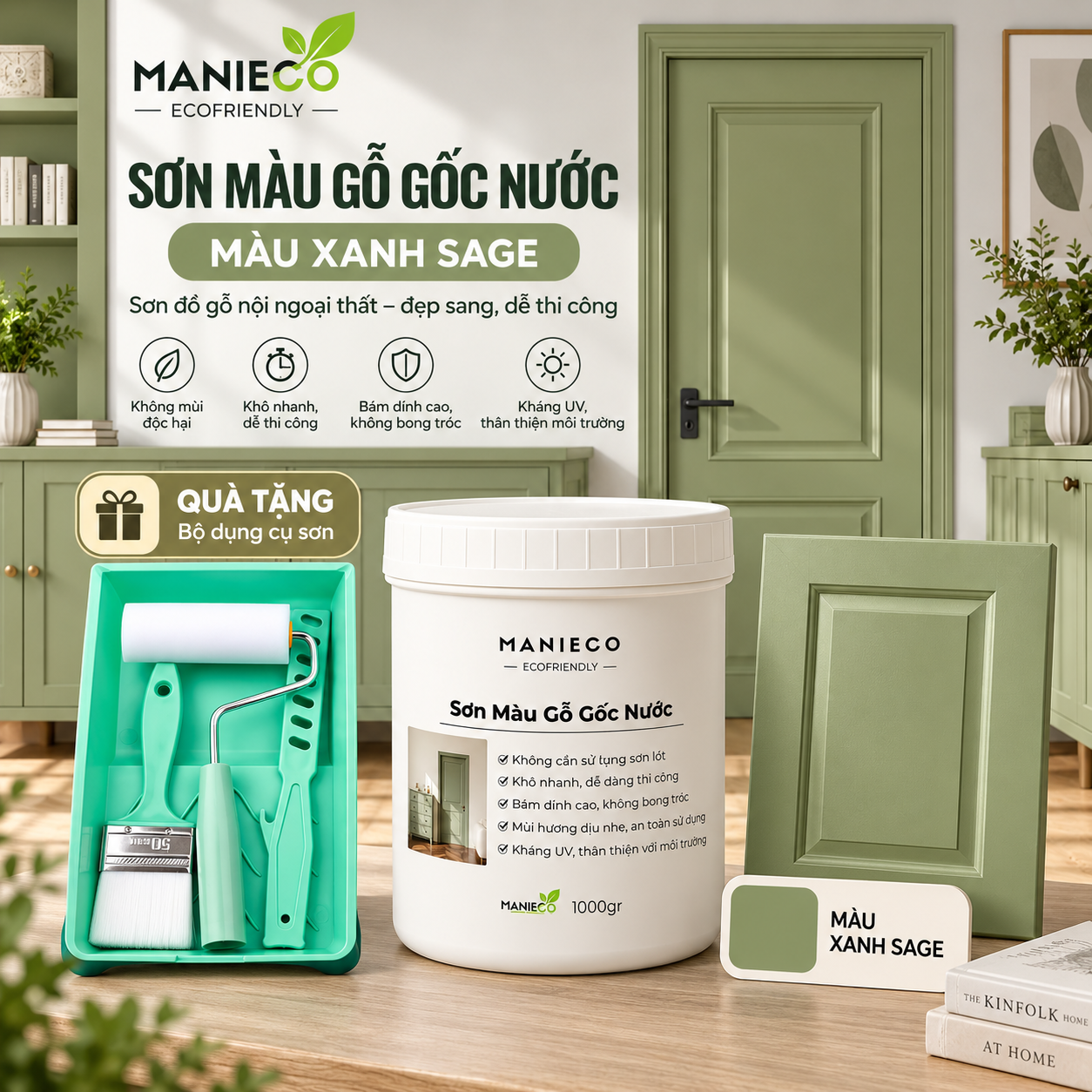 Màu Xanh Sage - Sơn Gỗ Gốc Nước Đổi Màu Manieco 1KG - Nội Ngoại Thất, Che Phủ Hoàn Toàn, Không Mùi