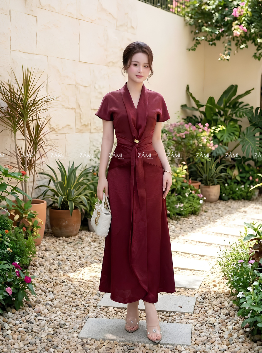 G51 - Đầm Lụa Tô Châu Cổ V Khuy Eo Thanh Lịch_thumbnail_3