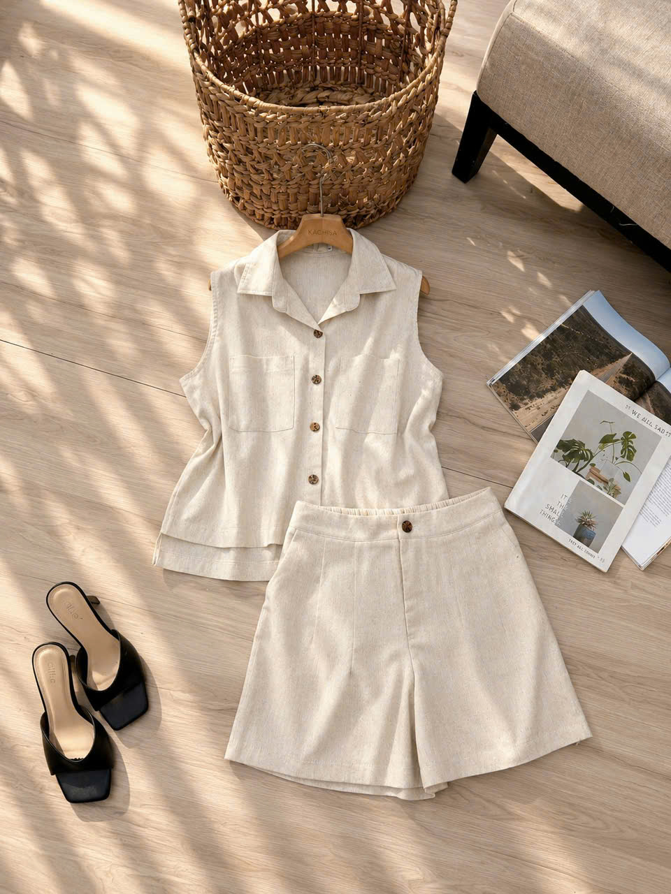 Bộ linen bột đùi áo sơ mi sát nách 2 túi lệch tà_thumbnail_4