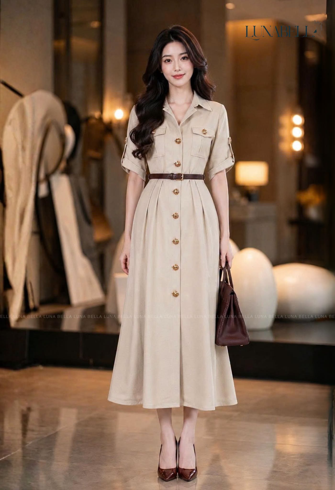 Váy sơ mi dài túi ngực cúc dọc MARIEL màu BE