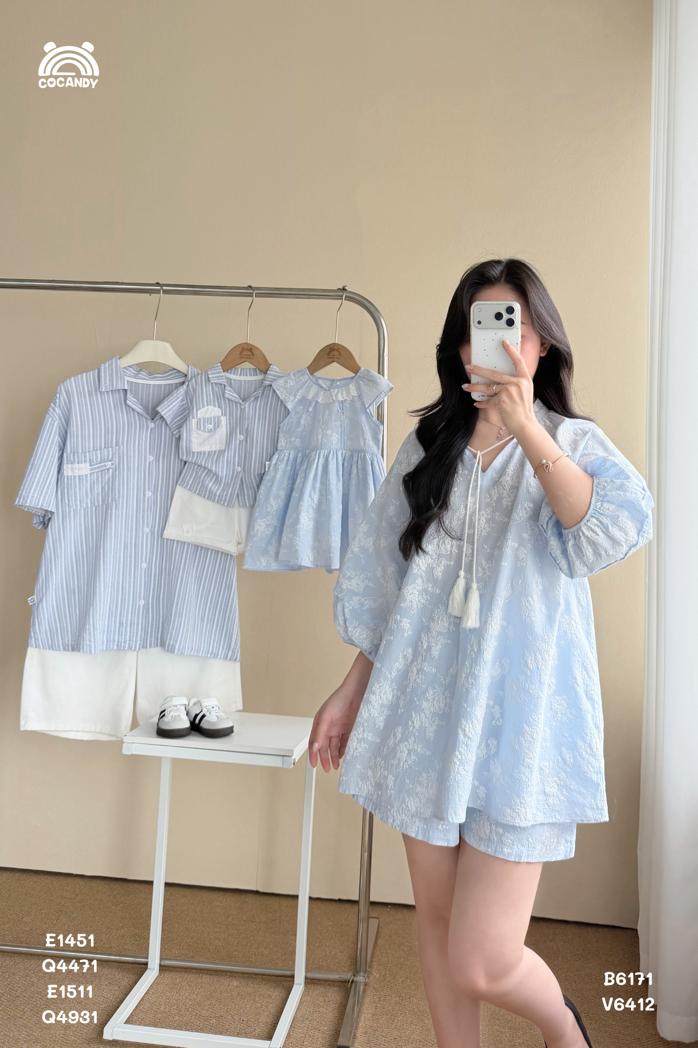 Bộ cộc XANH cổ xẻ V xếp ly NỮ
