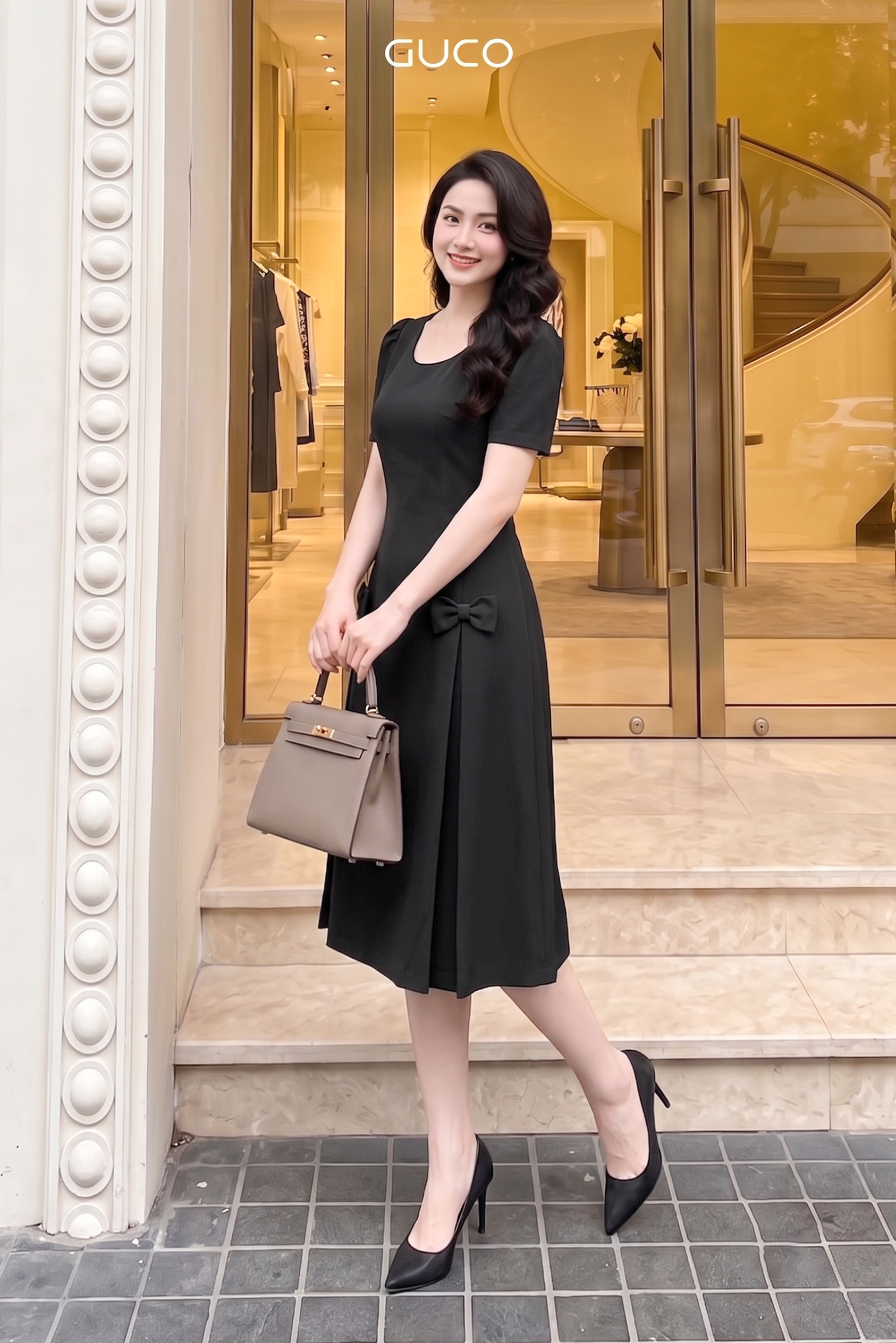 Đầm Dáng A Cổ Tròn Đen Đính Nơ_thumbnail_1