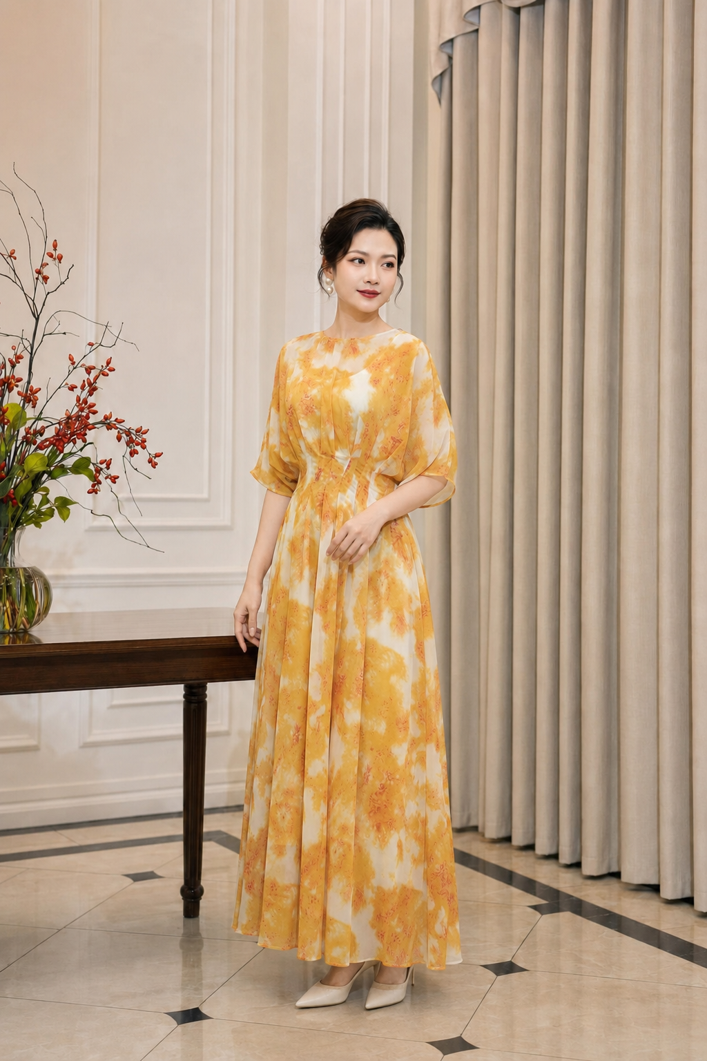 LV019 - VÁY HỌA TIẾT VÀNG
