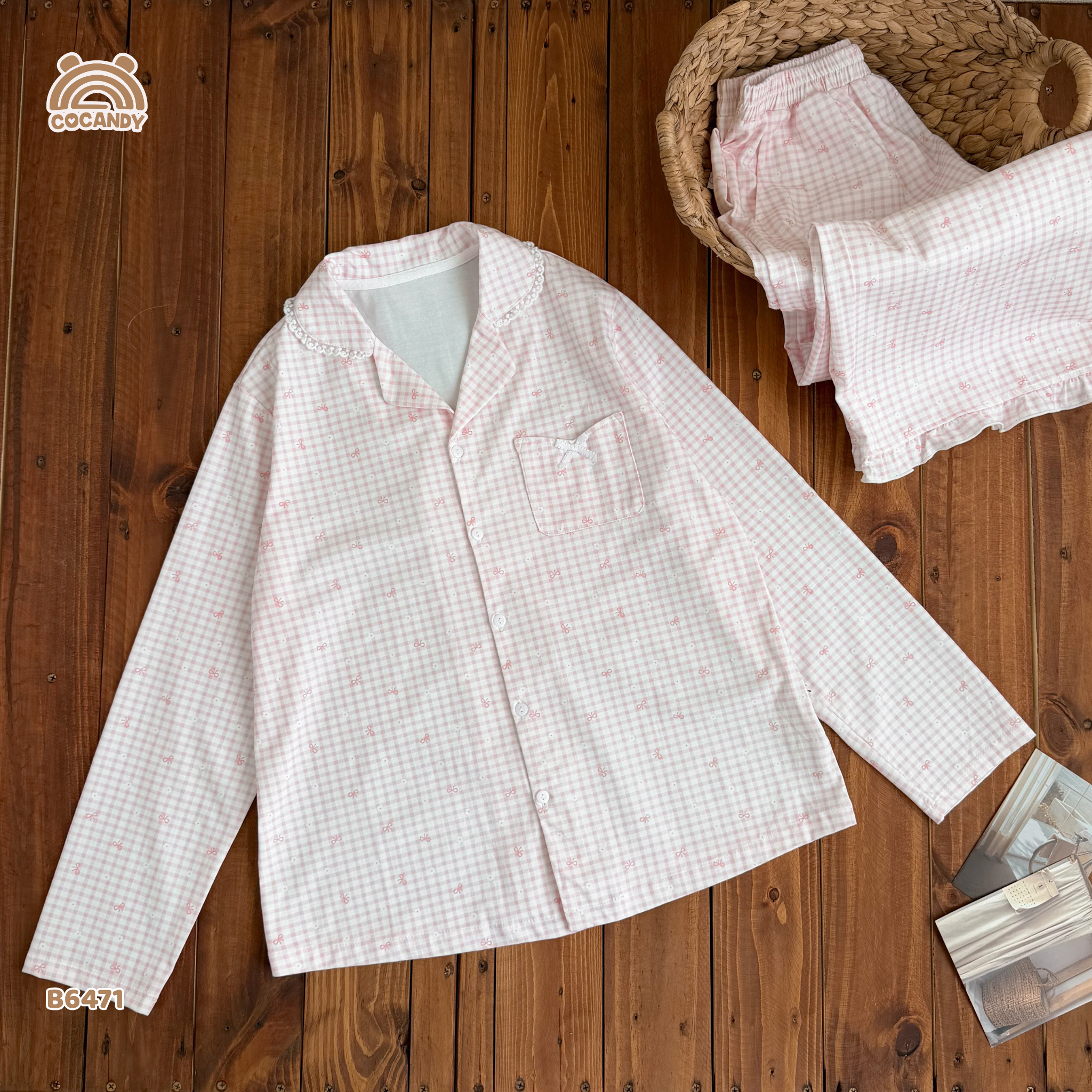 Bộ dài pijama HỒNG caro hoa nơ NỮ_thumbnail_5
