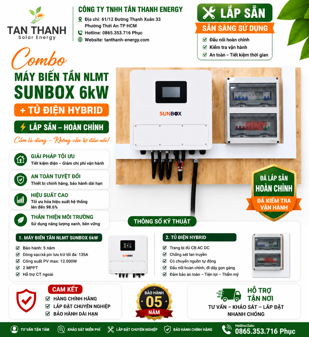 COMBO Máy Biến Tần NLMT SUNBOX 6kW + Tủ Điện Hybrid Lắp Sẵn