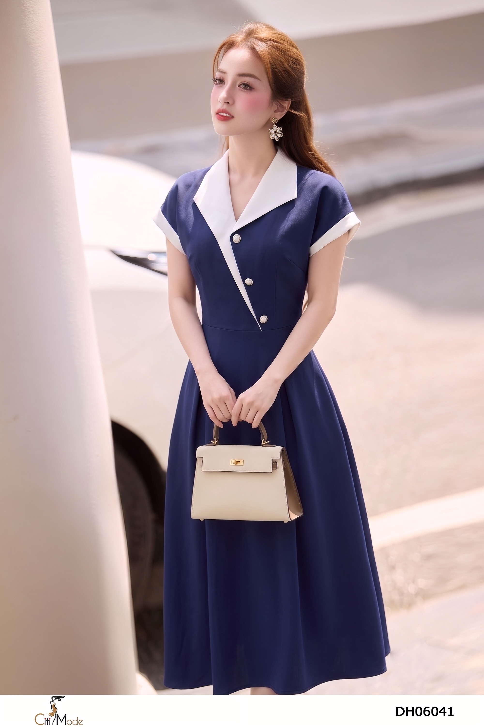 Đầm xòe tím than phối trắng cổ V tay chờm_thumbnail_5