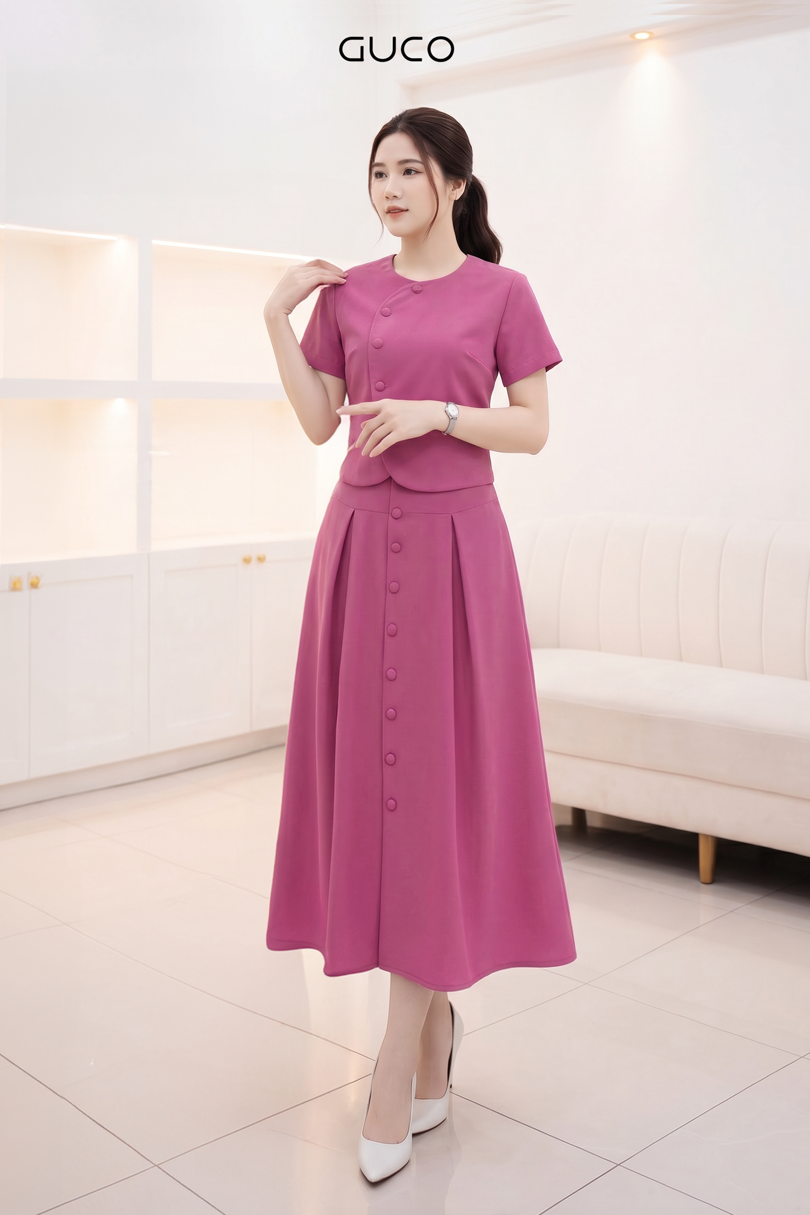 GUCO Chân Váy Công Sở Hồng Dáng Xòe Thanh Lịch