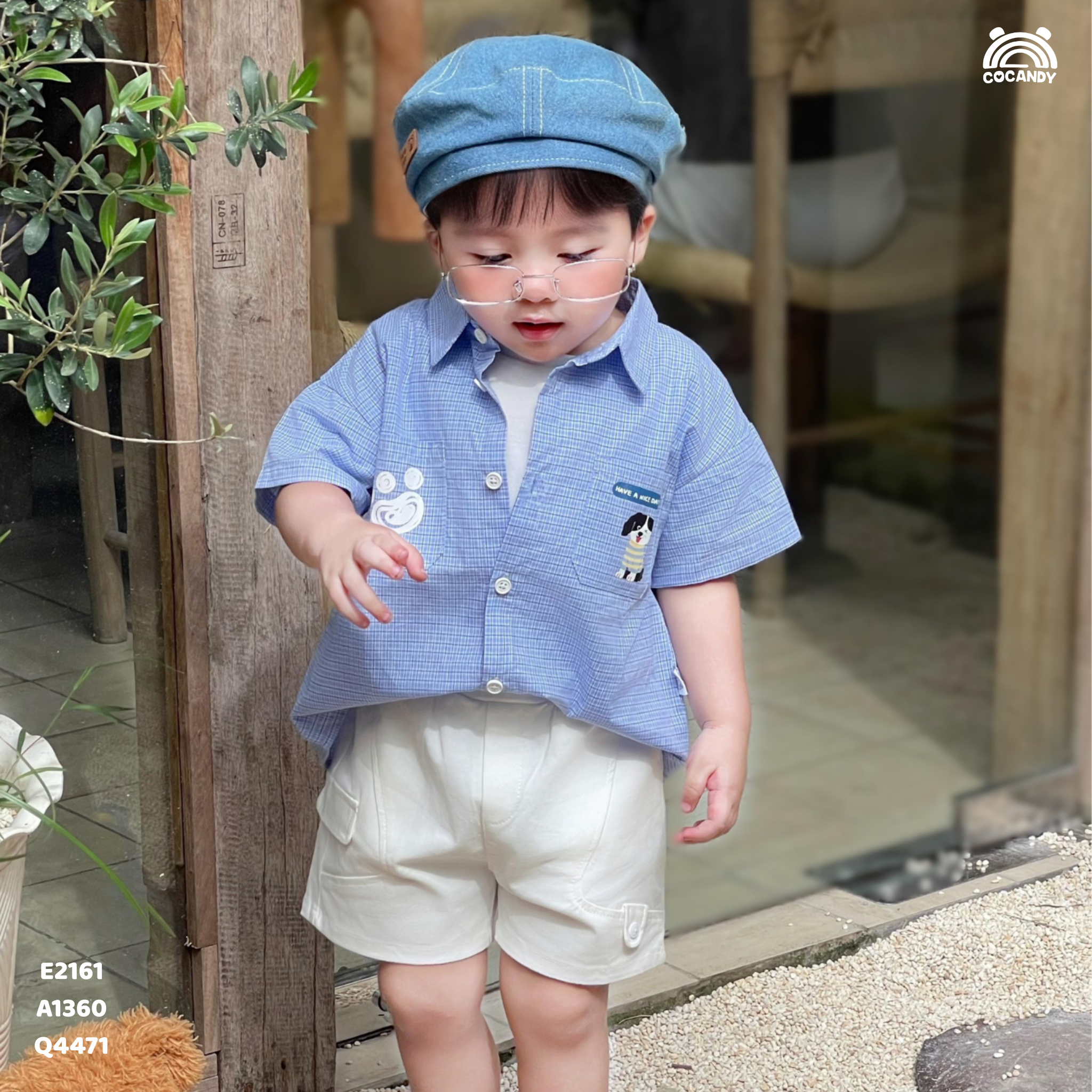 Áo cộc sơ mi kẻ XANH in hình cún_thumbnail_2