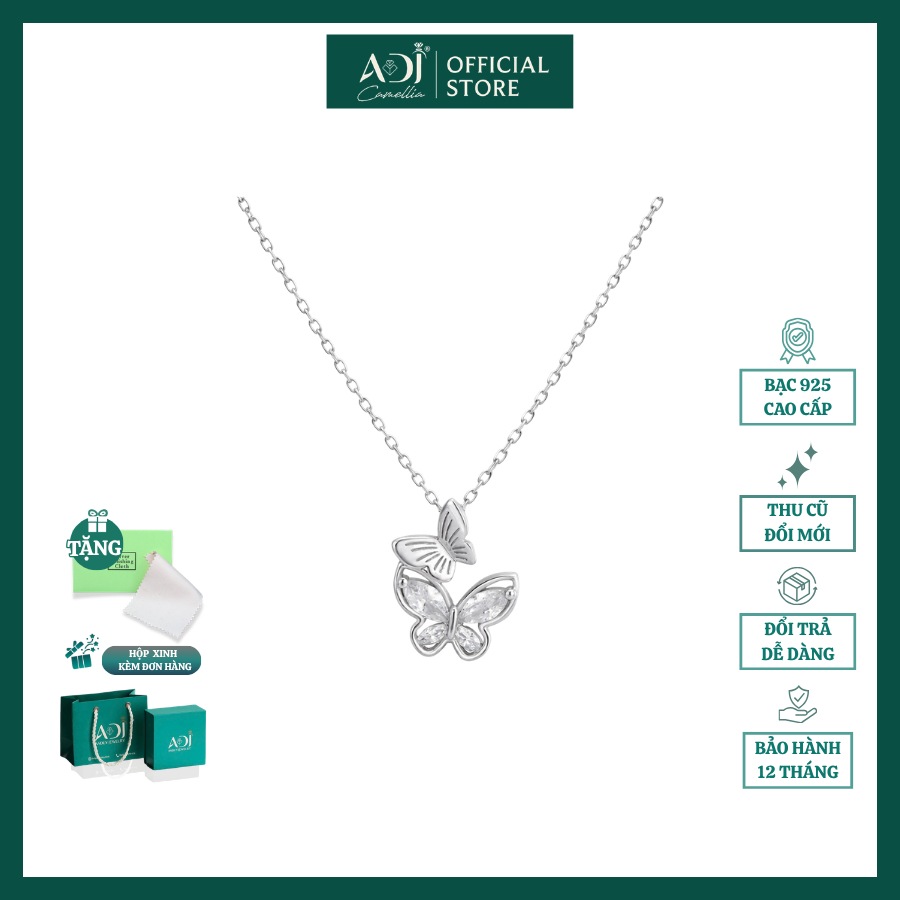 Dây Chuyền Bạc S925 Nữ ADJ Đính Đá CZ Bướm Đôi – Vòng Cổ Nữ Cao Cấp Thanh Lịch, Trang Sức Bạc Quà Tặng SD10899AD