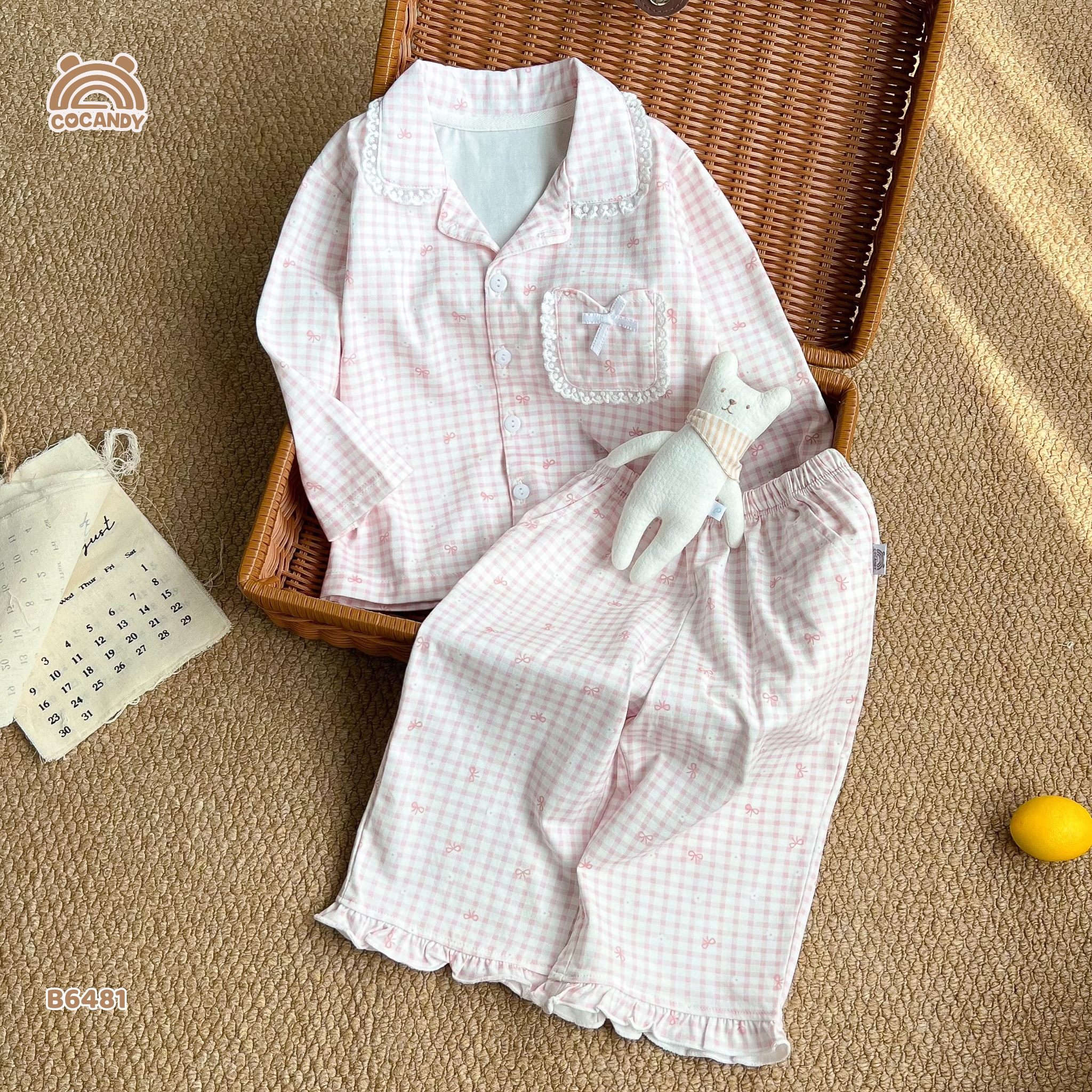 Bộ dài pijama HỒNG caro hoa nơ