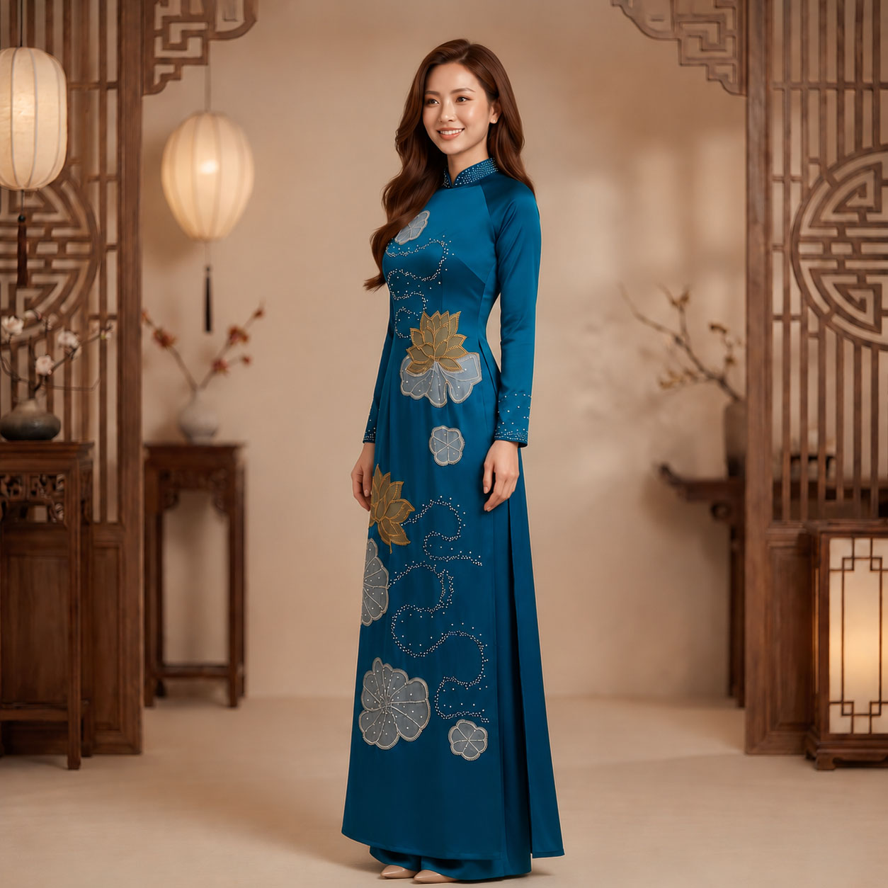 Áo Dài Mẹ Cô Dâu Chú Rể Thêu Hoa Sen Xanh Cổ Vịt Sang Trọng AM26-16