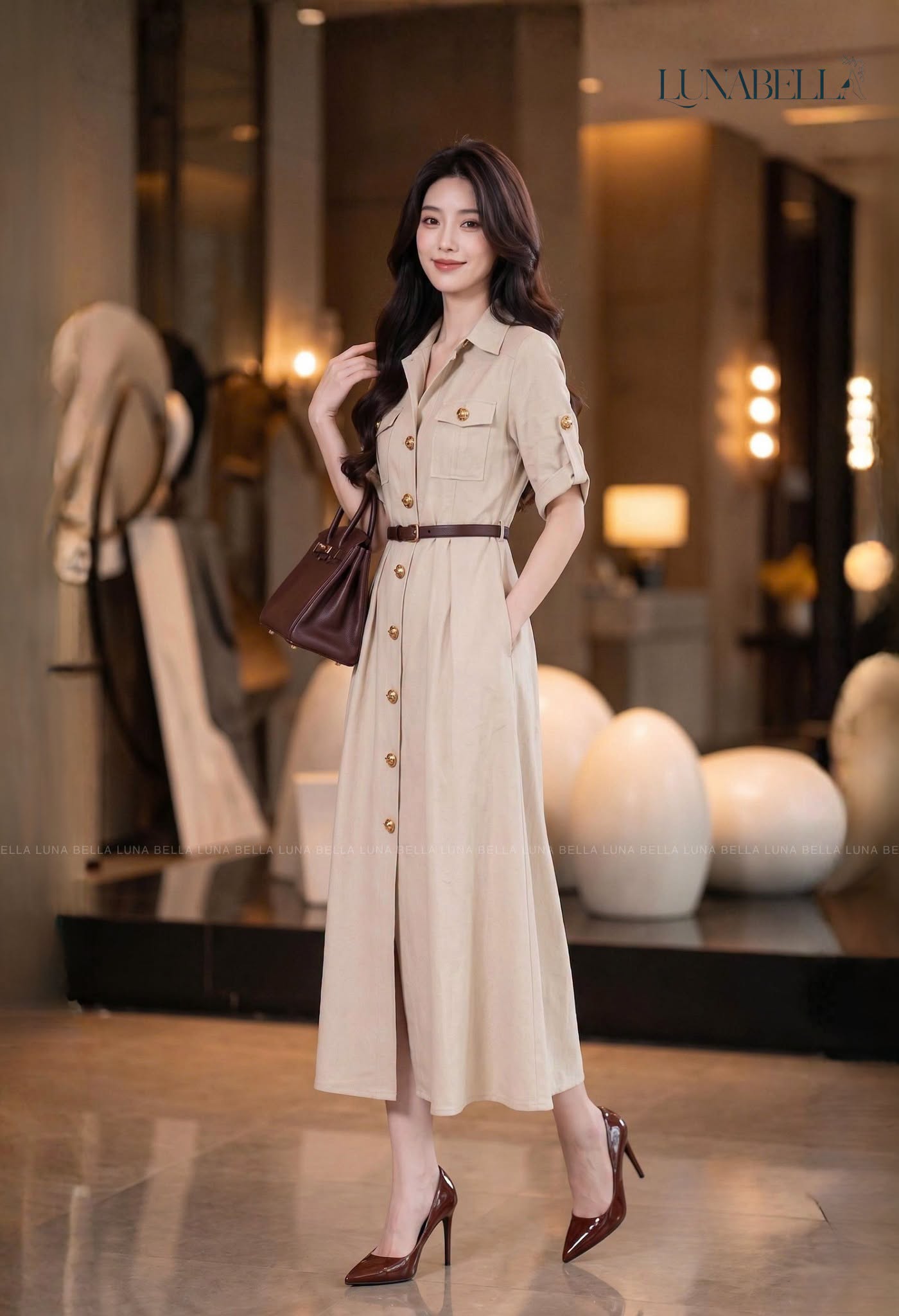 Váy sơ mi dài túi ngực cúc dọc MARIEL màu BE_thumbnail_1