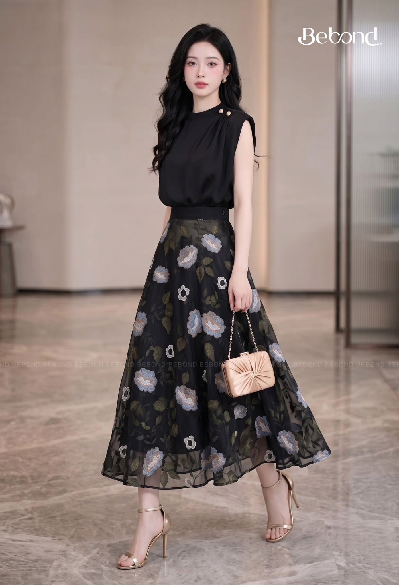 Áo lụa sát nách thắt nơ LORIN màu ĐEN_thumbnail_2