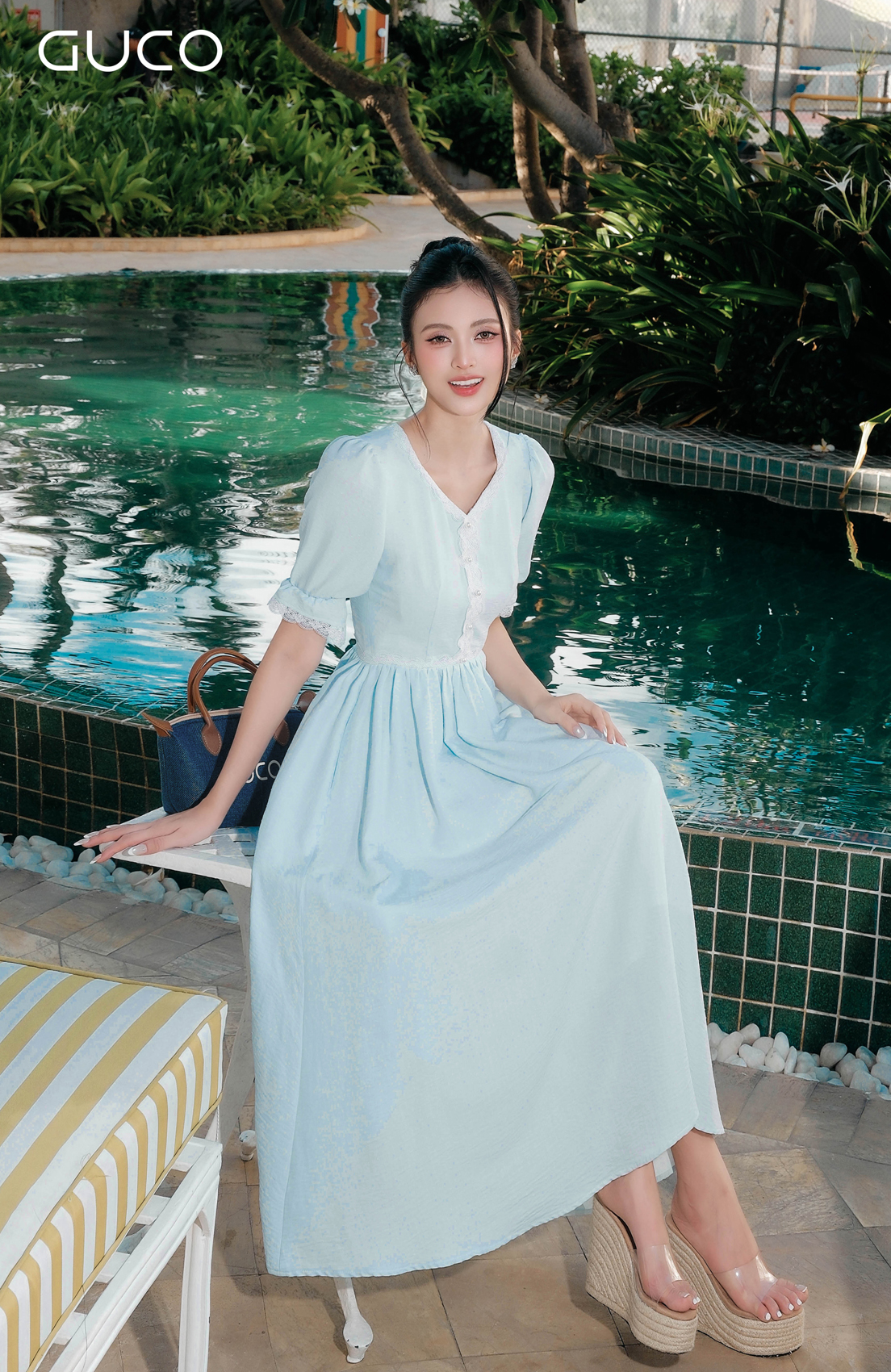 GUCO Đầm Midi Xanh Bạc Hà Phối Ren_thumbnail_1