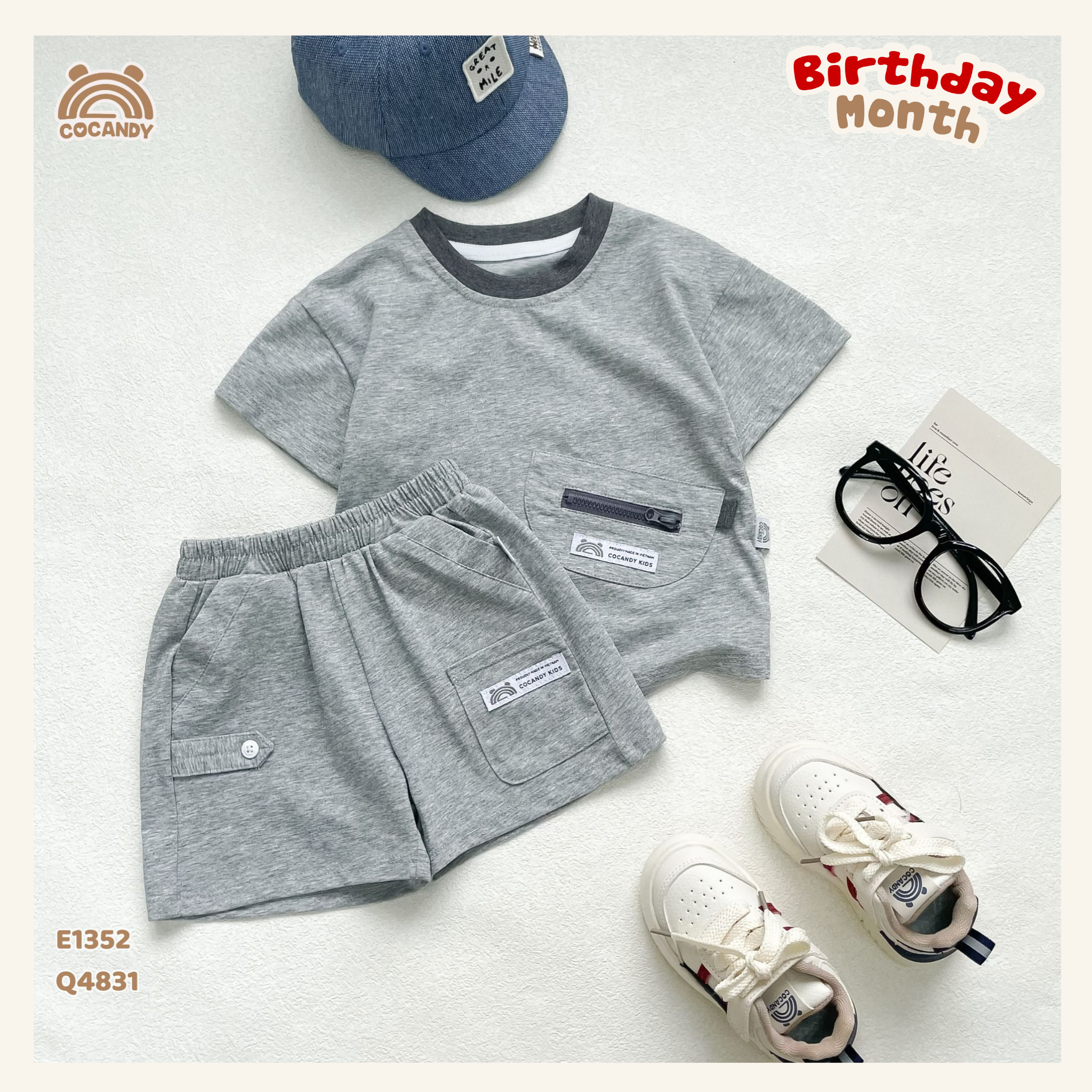 Quần cộc cotton XÁM túi ốp