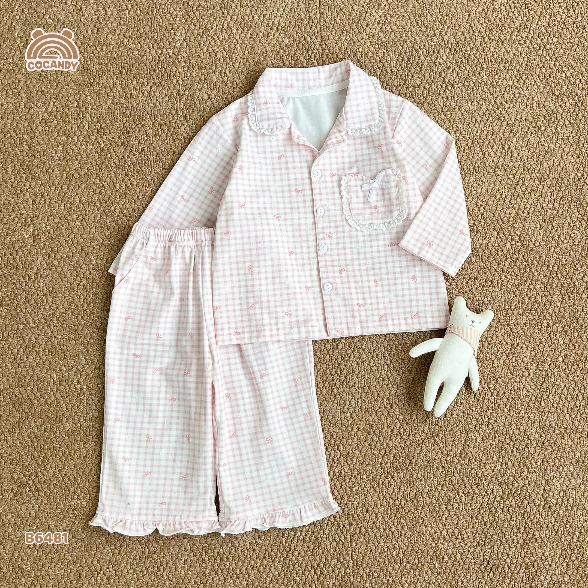 Bộ dài pijama HỒNG caro hoa nơ_thumbnail_1