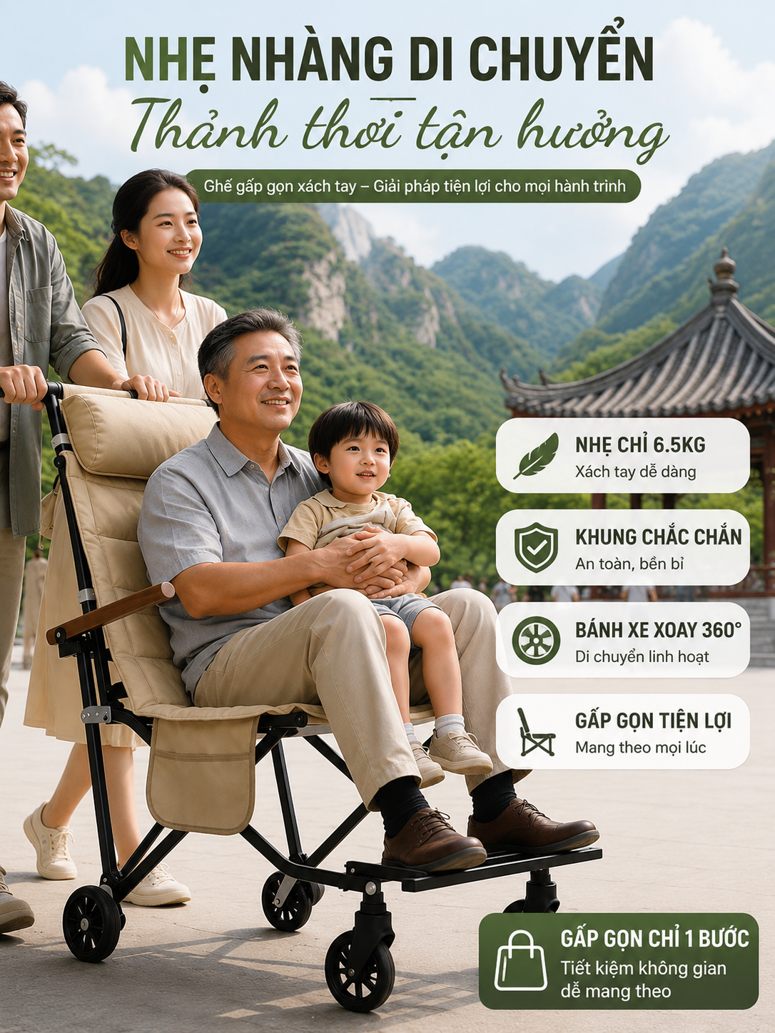 Xe Đẩy Dã Ngoại Gấp Gọn Thông Minh Thế Hệ Mới