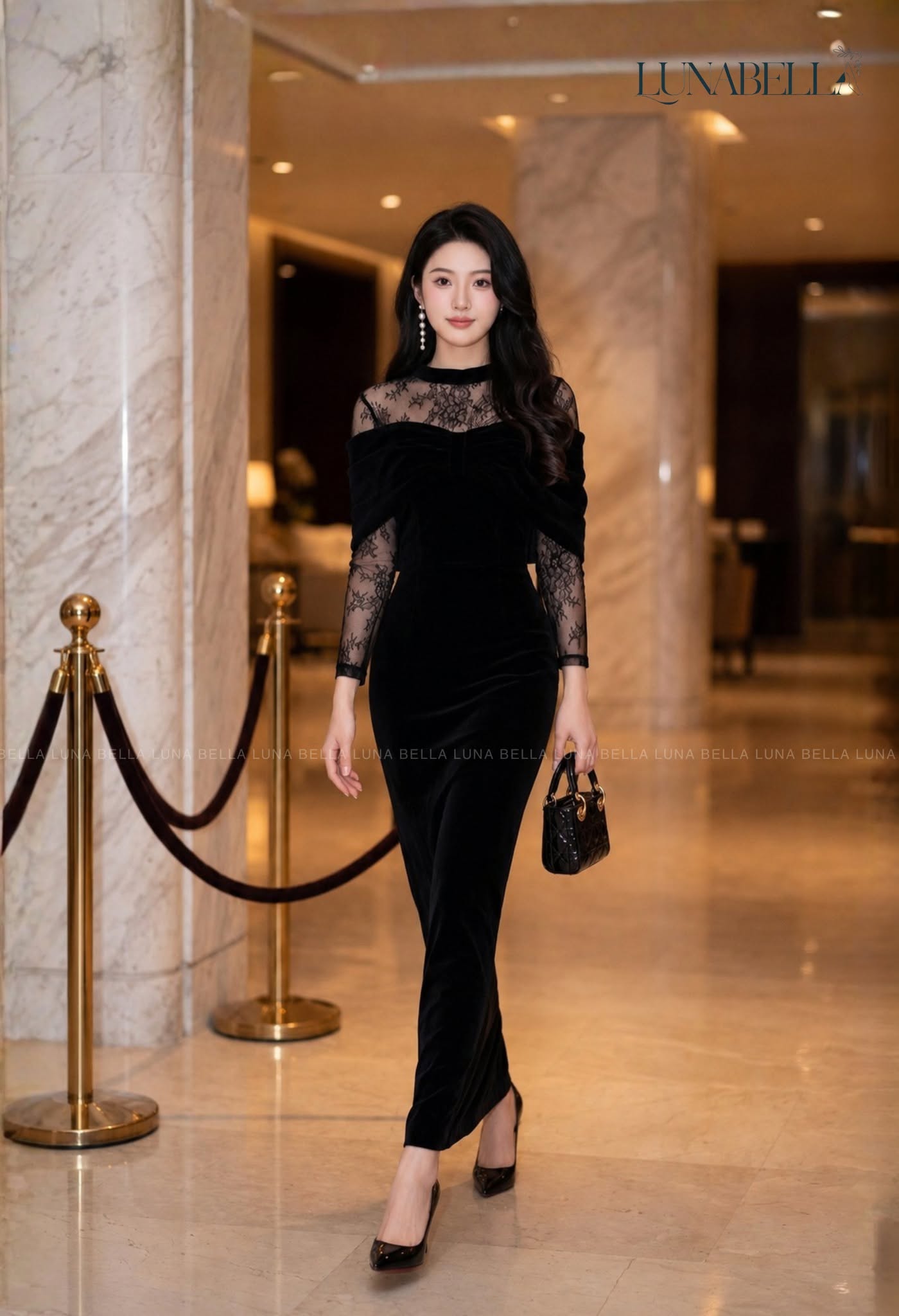 Váy nhung dài mix ren NESSA màu ĐEN_thumbnail_1