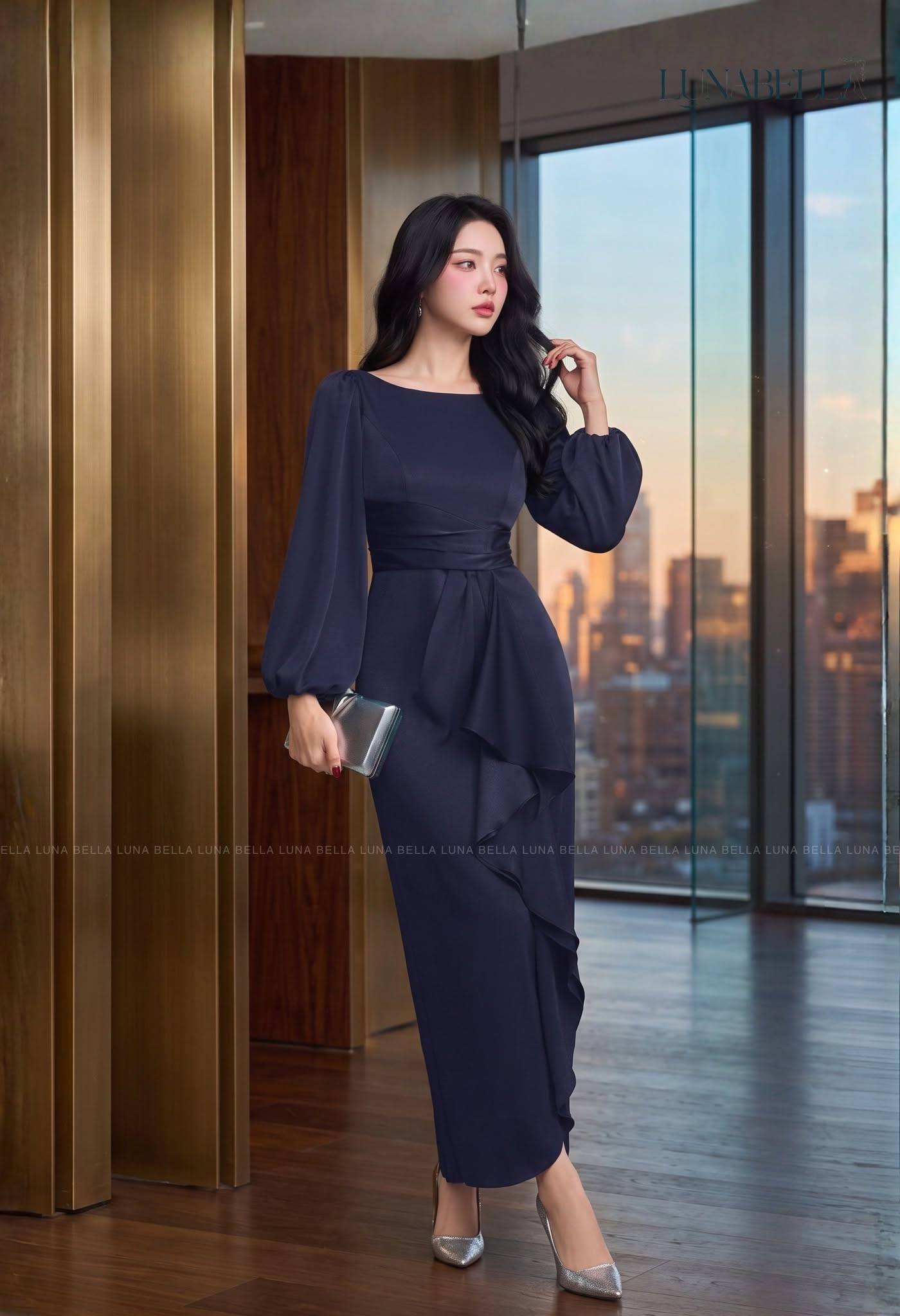 Váy lụa dài tay bèo rủ ELARA màu XANH NAVY_thumbnail_1