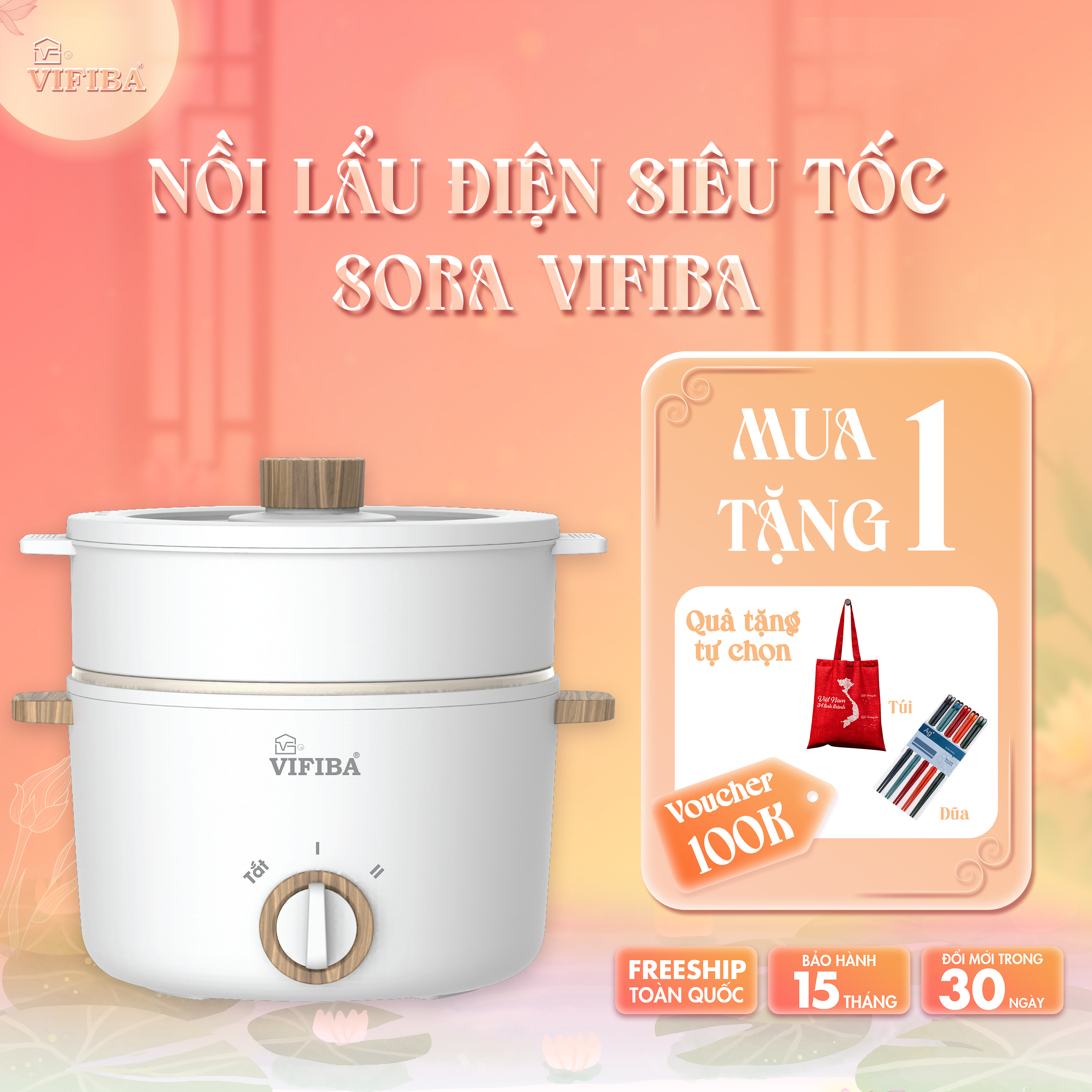 Nồi Lẩu Điện Sora Vifiba - Kèm khay hấp