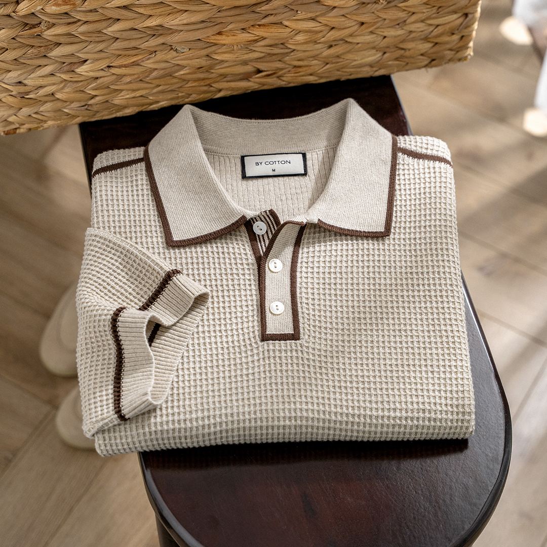 Áo Polo Dệt Kim Waffle Style Retro Phối Viền
