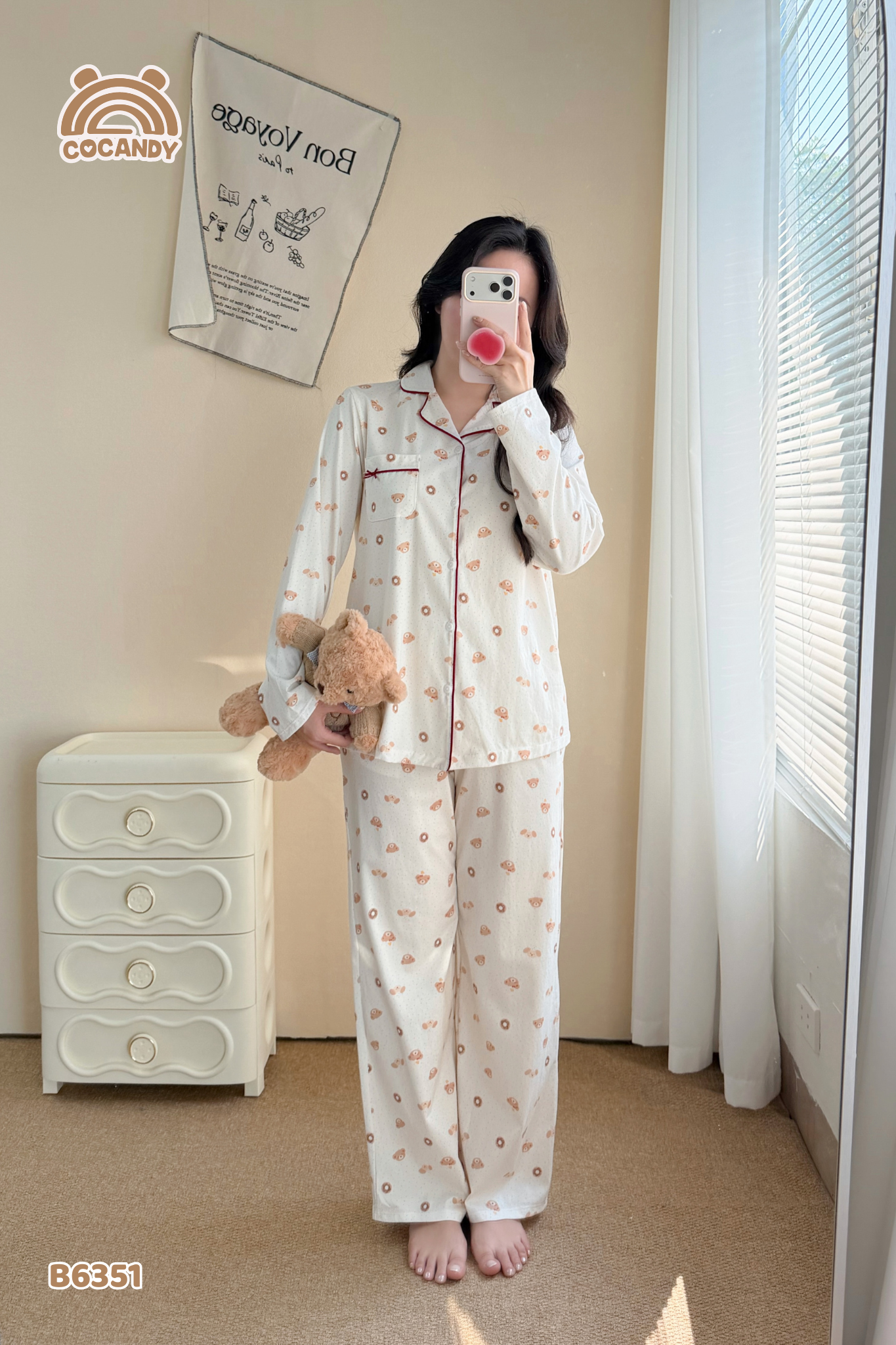 Bộ dài pijama TRẮNG gấu nâu viền đỏ NỮ_thumbnail_1