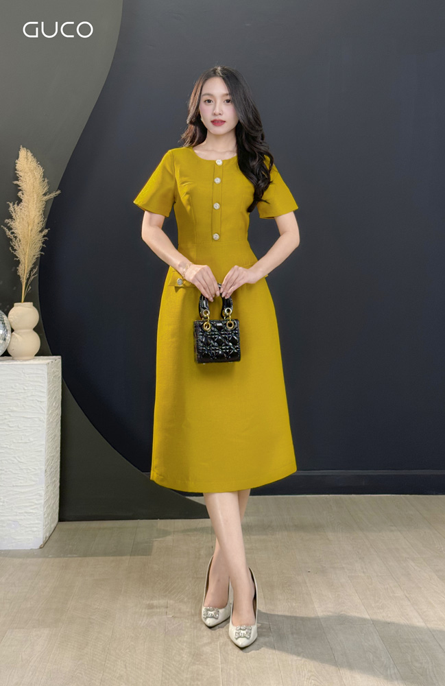 ĐẦM A PHỐI NÚT TÚI GIẢ - VÀNG