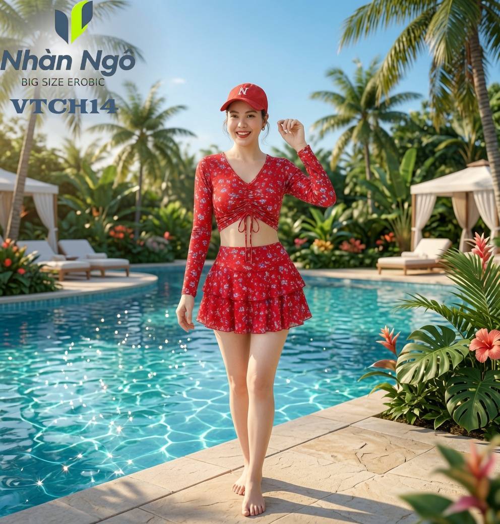 Bộ bơi váy tầng + áo croptop rút dây tay dài màu hoa VTCH_thumbnail_5