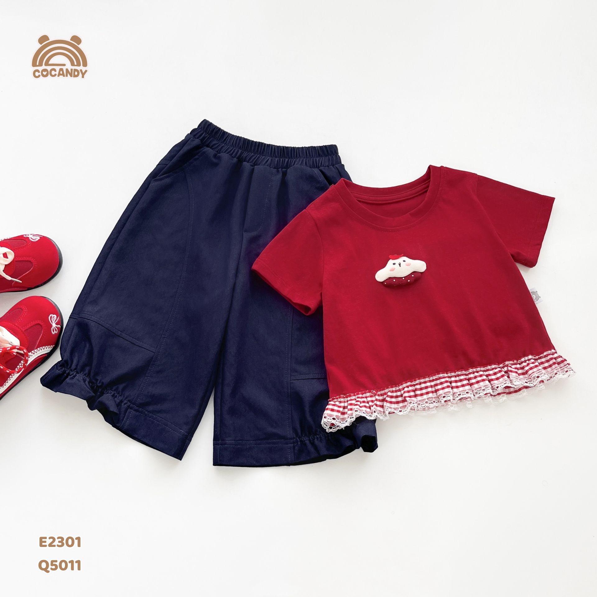 Áo cộc cotton ĐỎ thêu cún nhún bèo caro_thumbnail_7