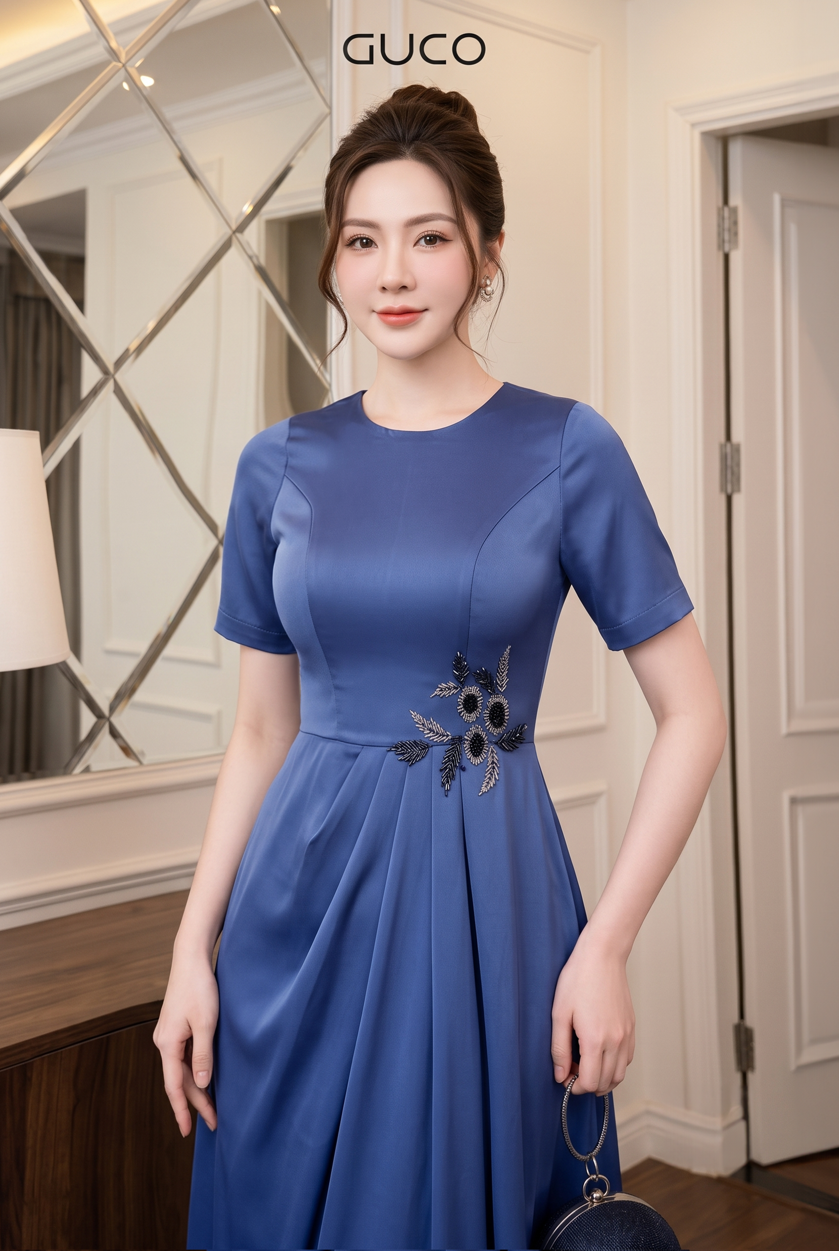 Đầm Dạ Hội Xanh Xếp Ly Eo Đính Đá_thumbnail_1