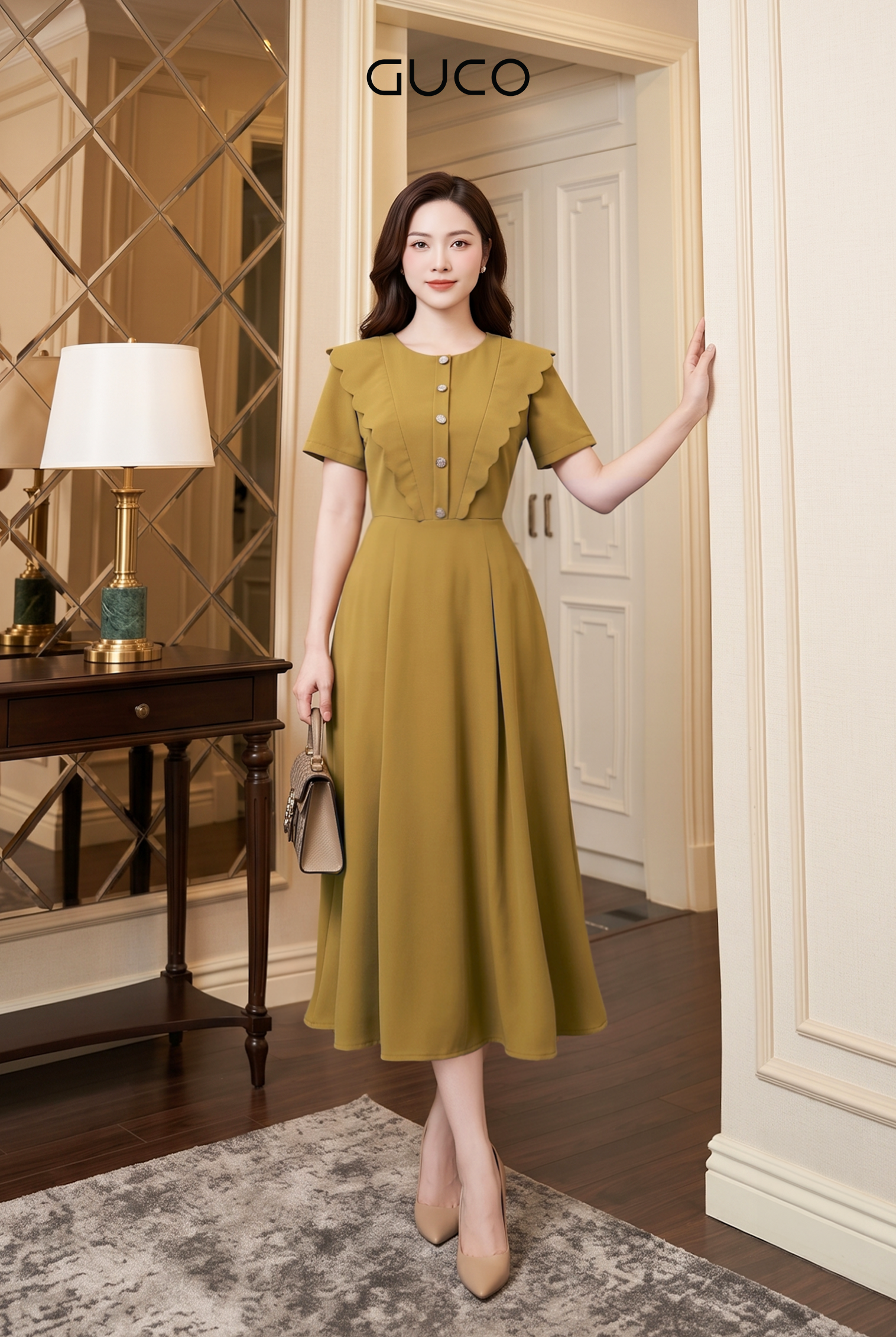Đầm Xòe Vàng Cổ Tròn Phối Bèo Đính Nút_thumbnail_2