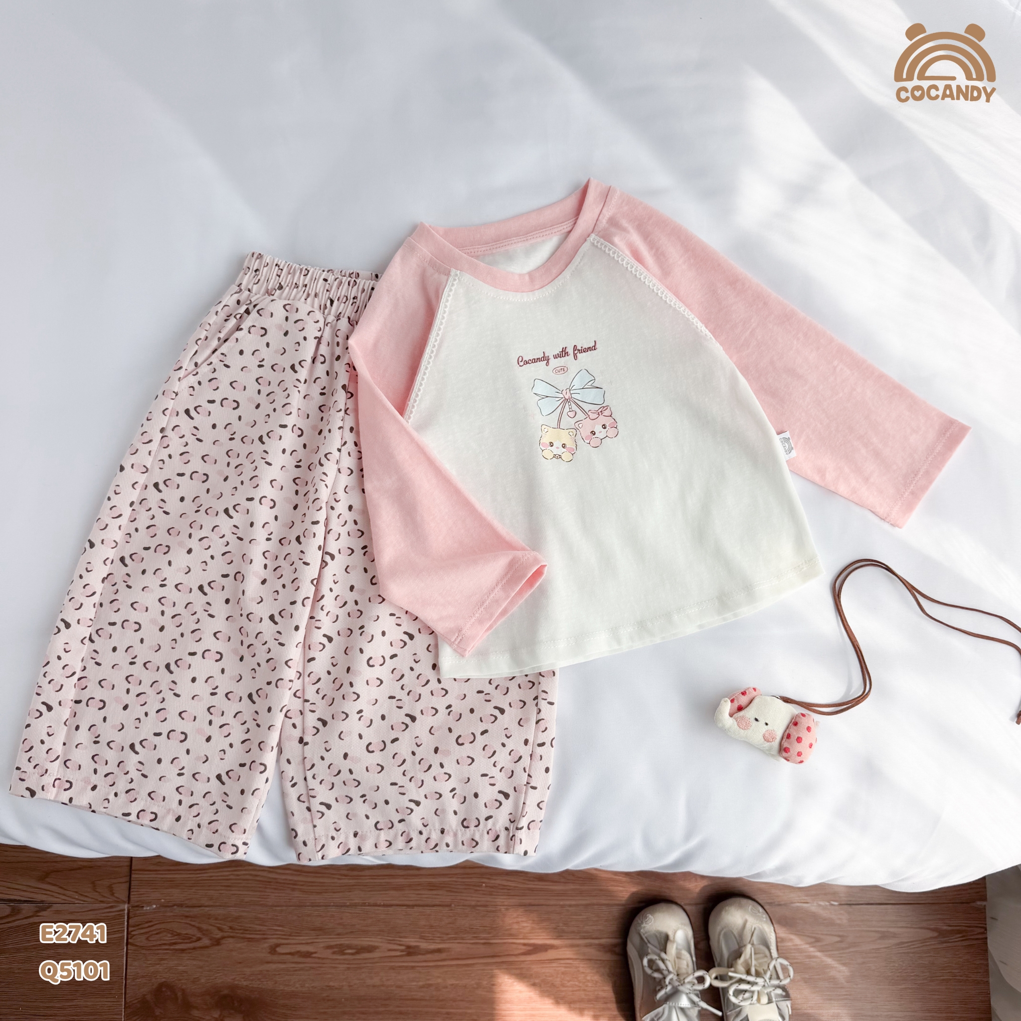 Áo dài cotton HỒNG phối tay in họa tiết