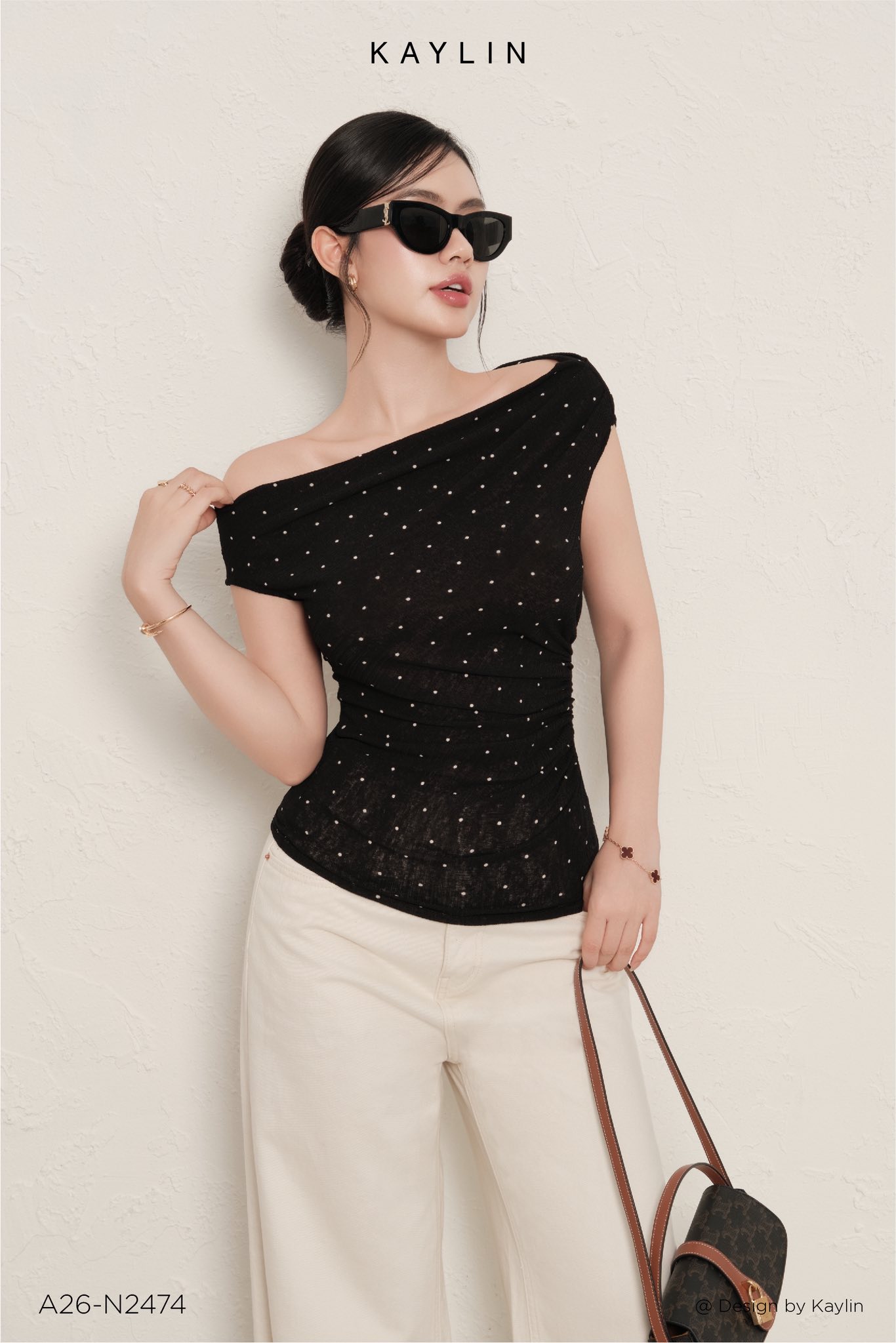 Áo Kiểu Lệch Vai Chấm Bi KAYLIN Vera Dots Top
