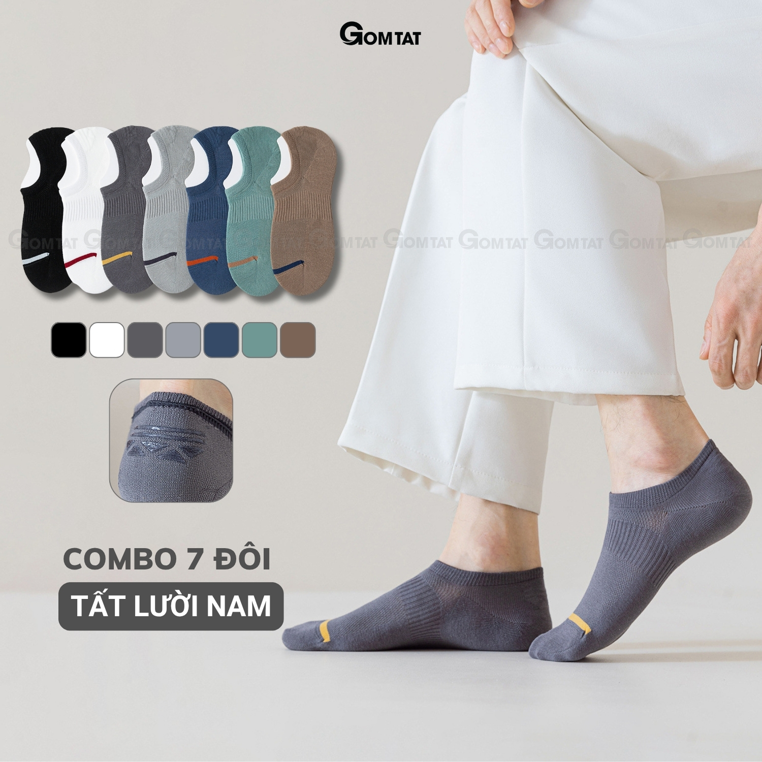 Combo 7 đôi tất ngắn nam chống tuột gót GOMTAT, vớ nam đi giày lười cotton mềm mại MIA-A080-CB7