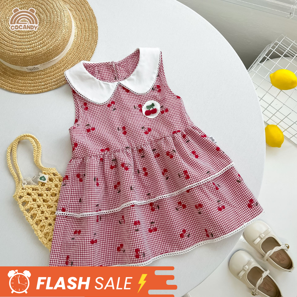 Váy sát nách thô caro ĐỎ hình cherry phối cổ sen