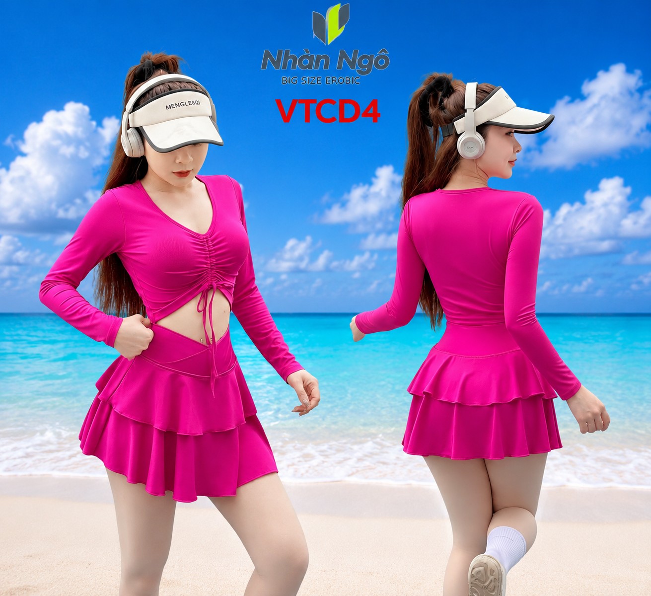 Bộ Đồ Bơi, Đồ Tập Aerobic Nữ - Áo Croptop Dài Tay Rút Dây Ngực Kèm Chân Váy Tầng Có Quần Bảo Hộ._thumbnail_4