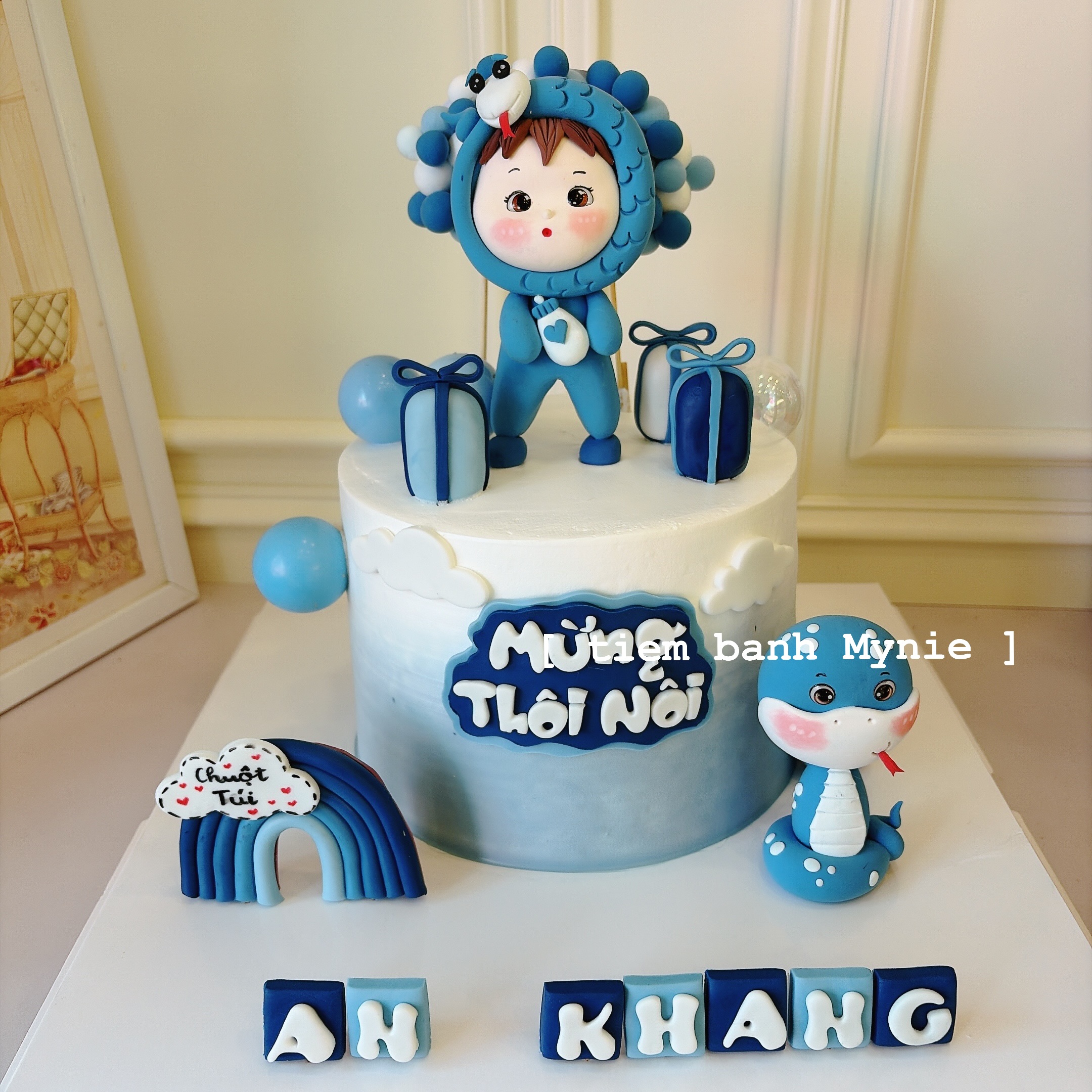 Bánh thôi nôi, bánh cho bé trai tone xanh dương