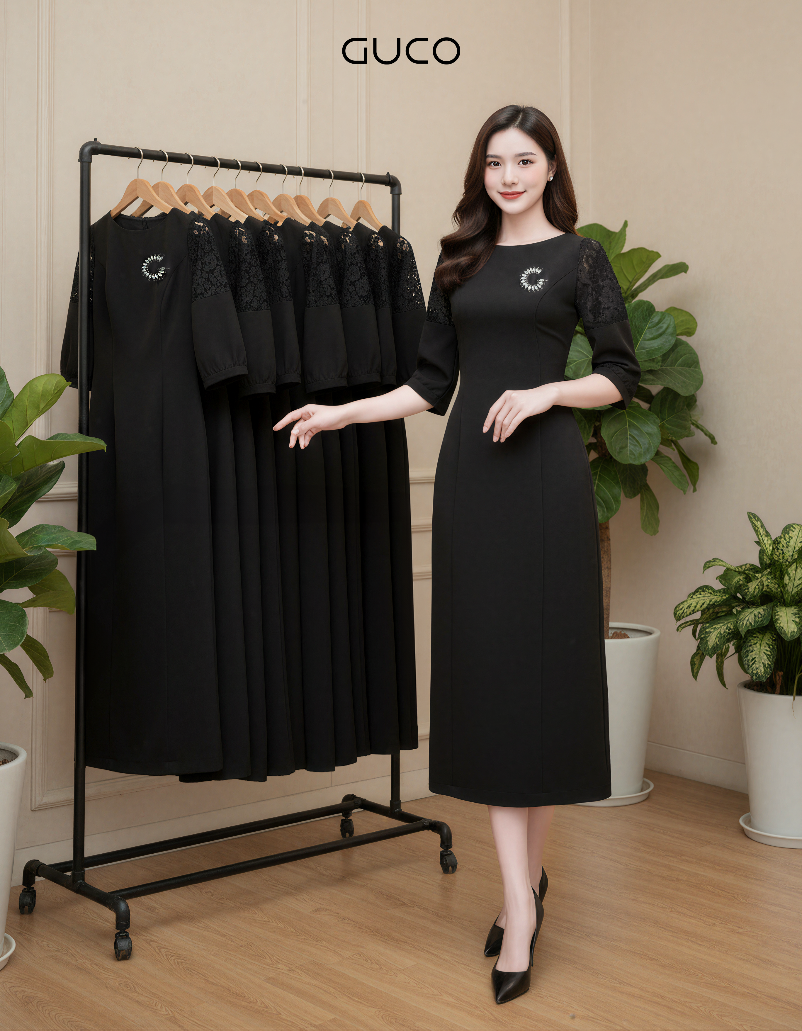 GUCO Đầm Đen Tay Ren Đính Đá