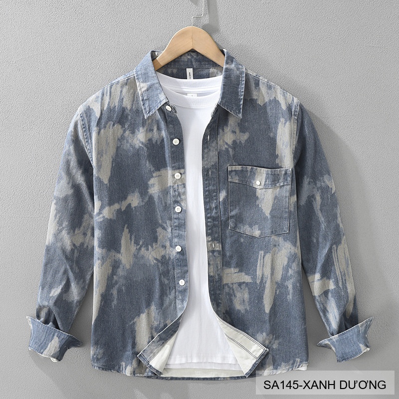 SA145 - Áo Sơ Mi Nam Tay Dài Phong Cách Retro Denim In Hoa Văn Bông 100%_thumbnail_4
