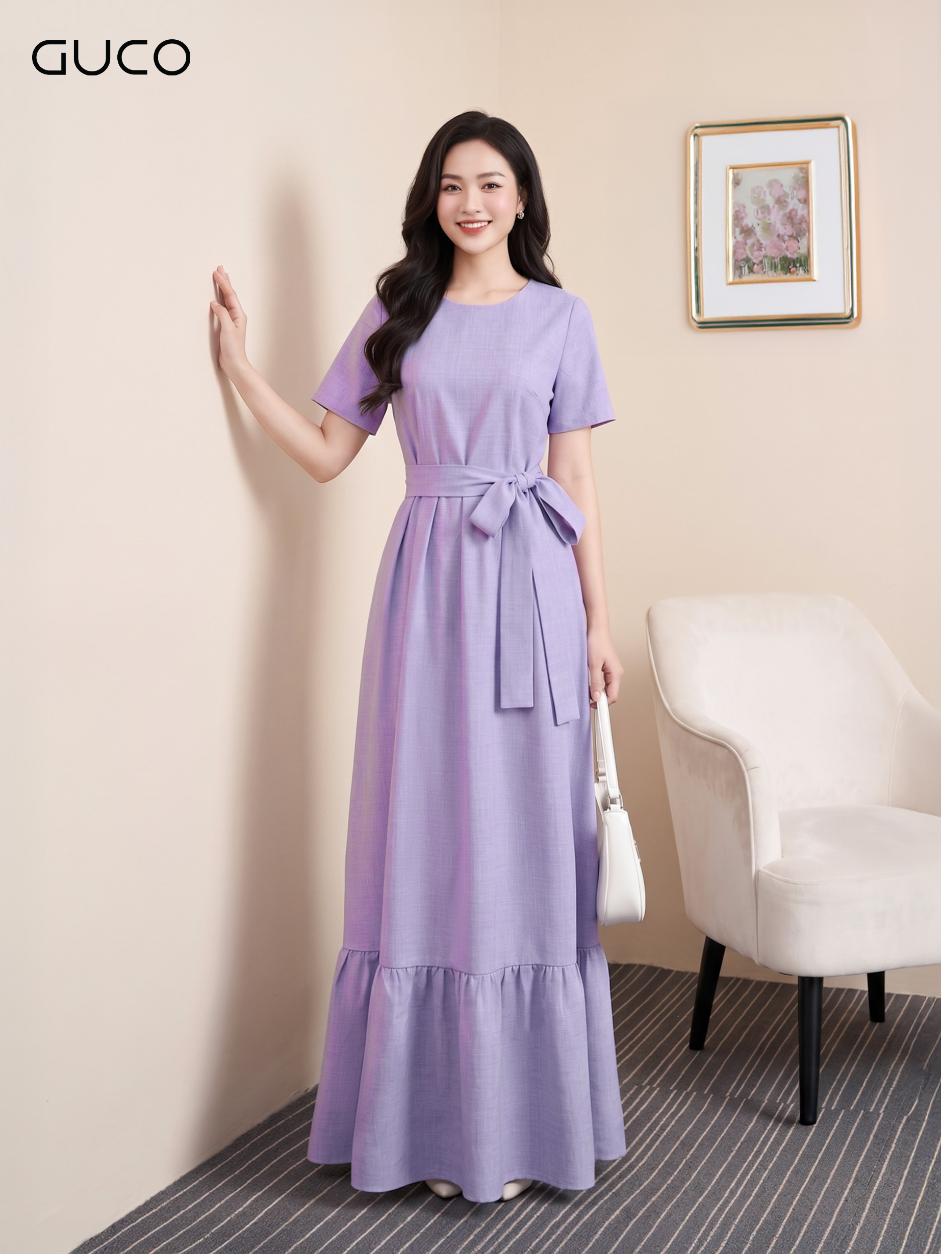 Đầm Suông Tím Thắt Dây Eo Tay Ngắn