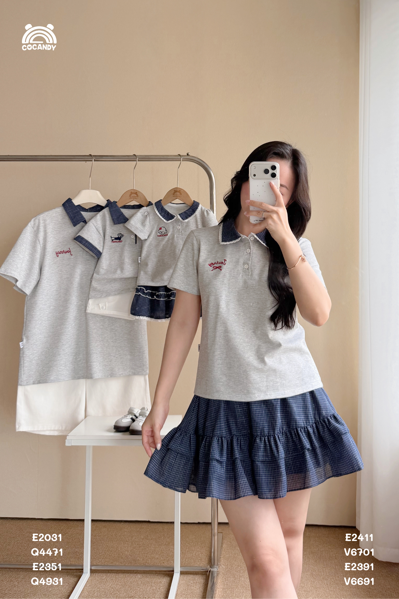 Áo cộc polo XÁM phối cổ caro xanh NỮ_thumbnail_1