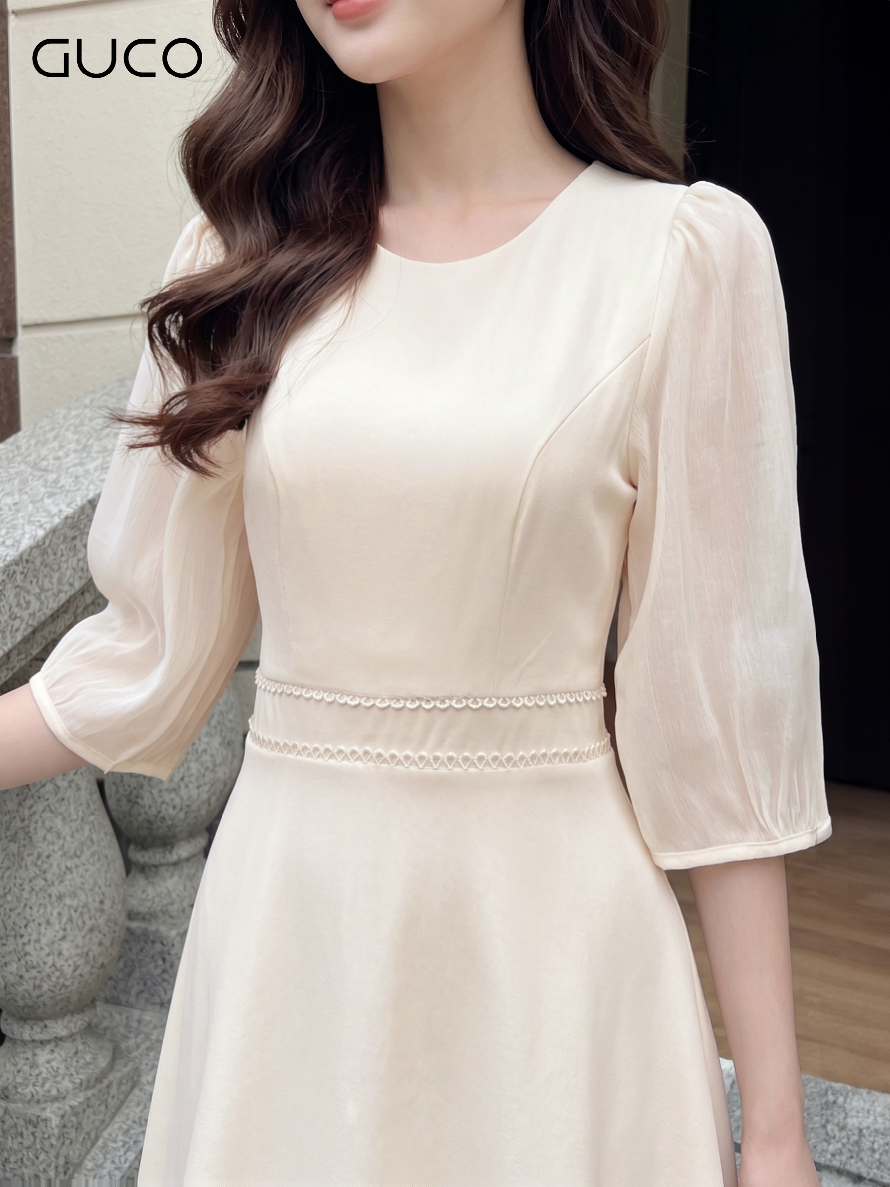 Đầm Xòe Kem Tay Voan Viền Ren Eo - 5174_thumbnail_2