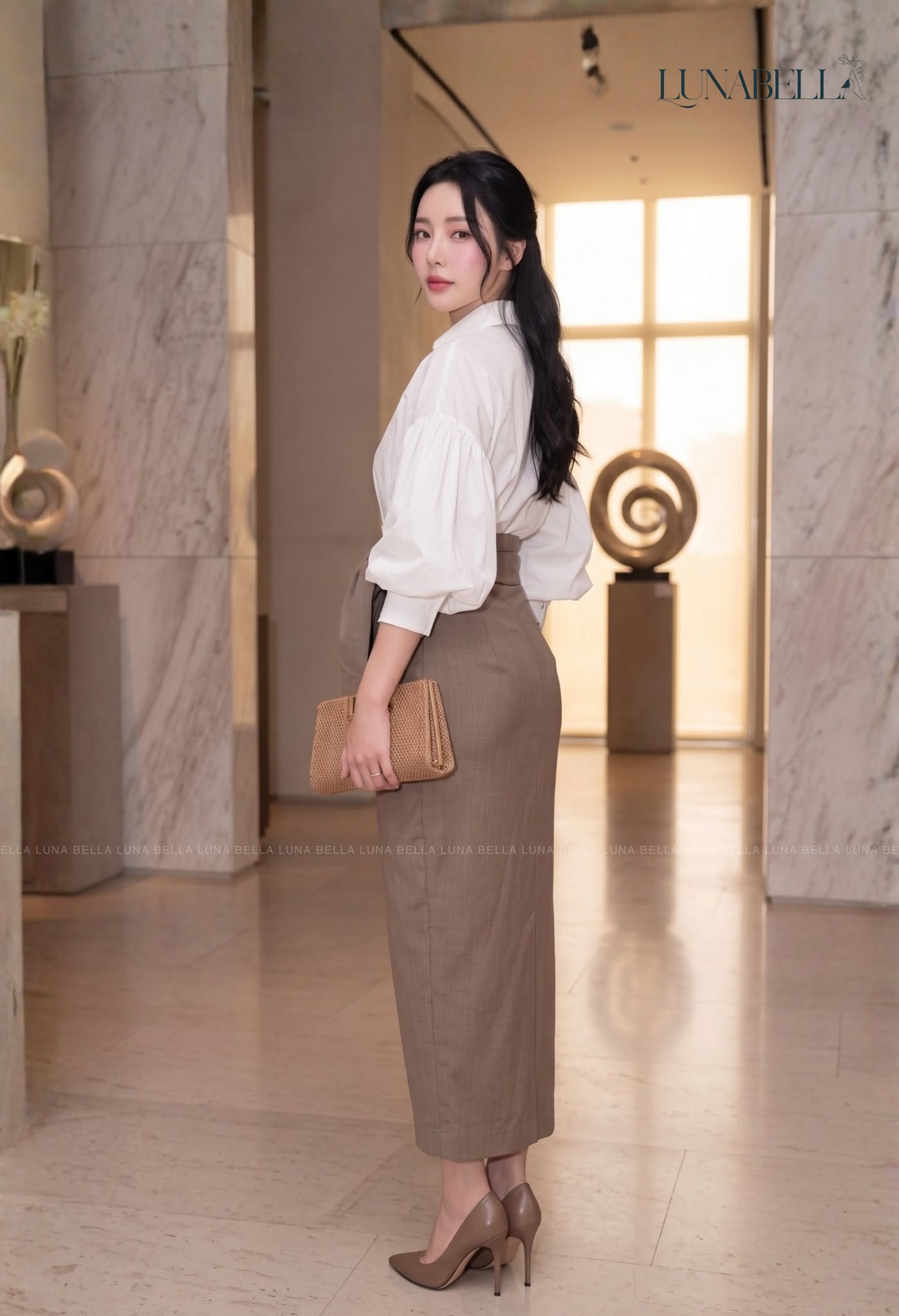 Chân váy midi đắp chéo xoắn eo SERAYA màu NÂU XÁM_thumbnail_2