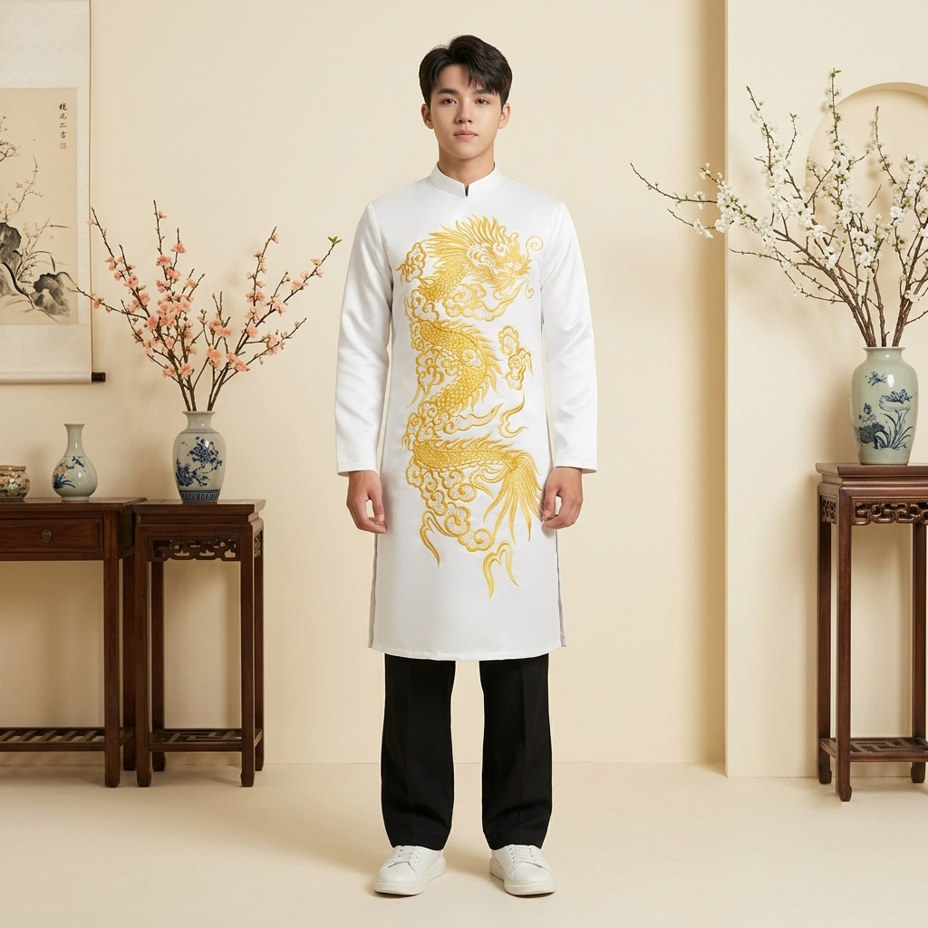Áo Dài Nam Cách Tân Taffeta Thêu Rồng Vàng NA26-23_thumbnail_5