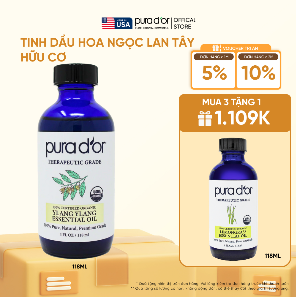 Tinh Dầu Hoa Ngọc Lan Tây hữu cơ Pura D'or Therapeutic Grade Ylang Ylang Essential Oil 118ml