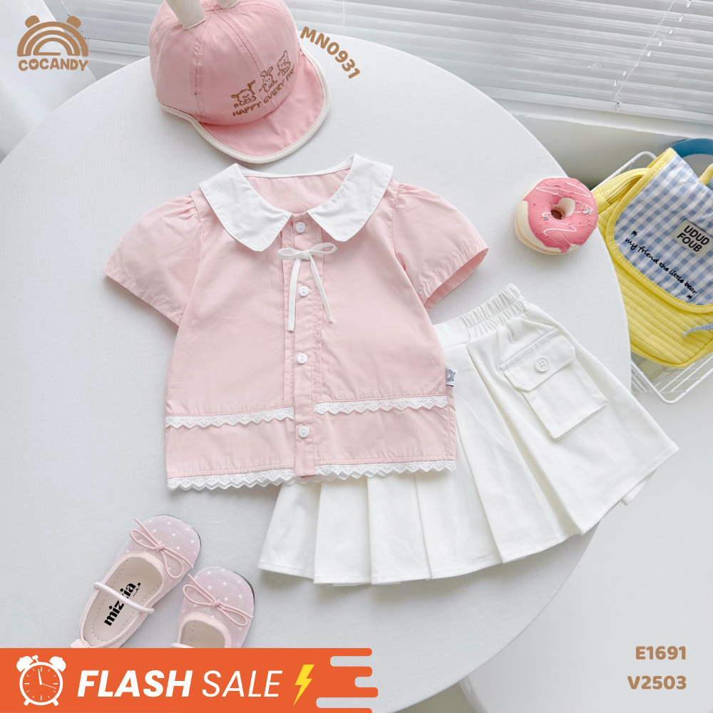 Áo cộc sơ mi thô HỒNG li dọc phối nơ_thumbnail_0