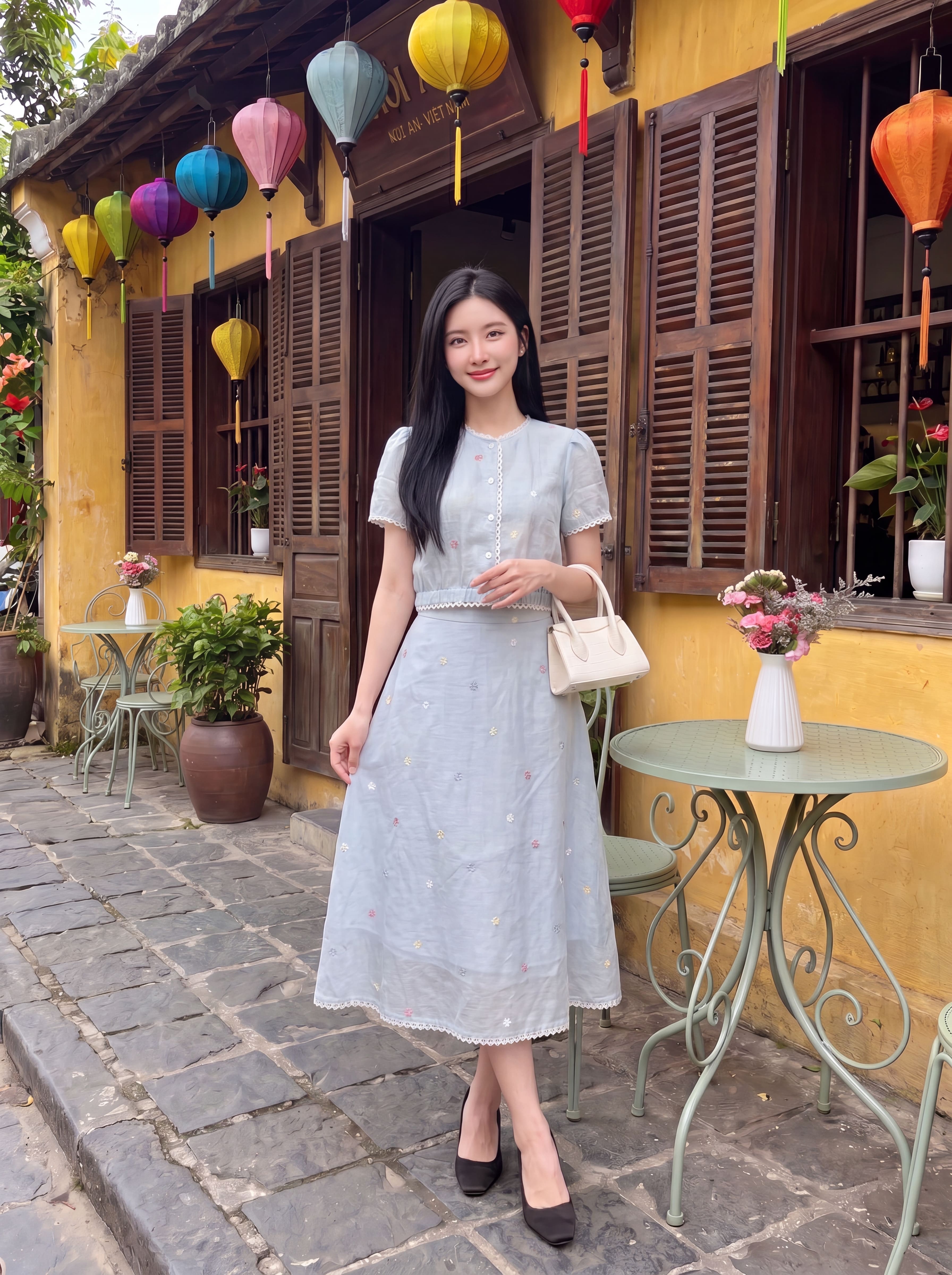 Sét tơ thêu hoa phối ren 605004