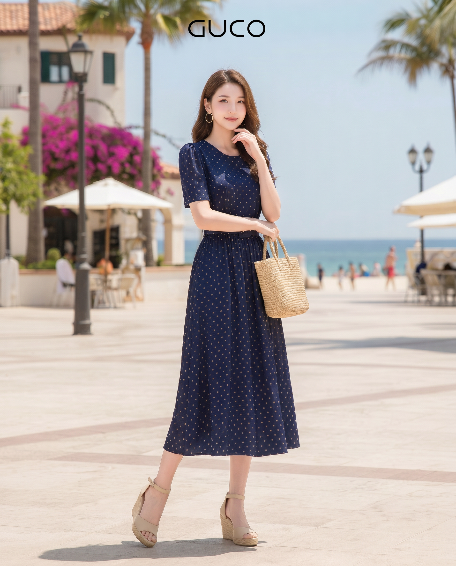 GUCO Đầm Xanh Navy Chấm Bi Thanh Lịch